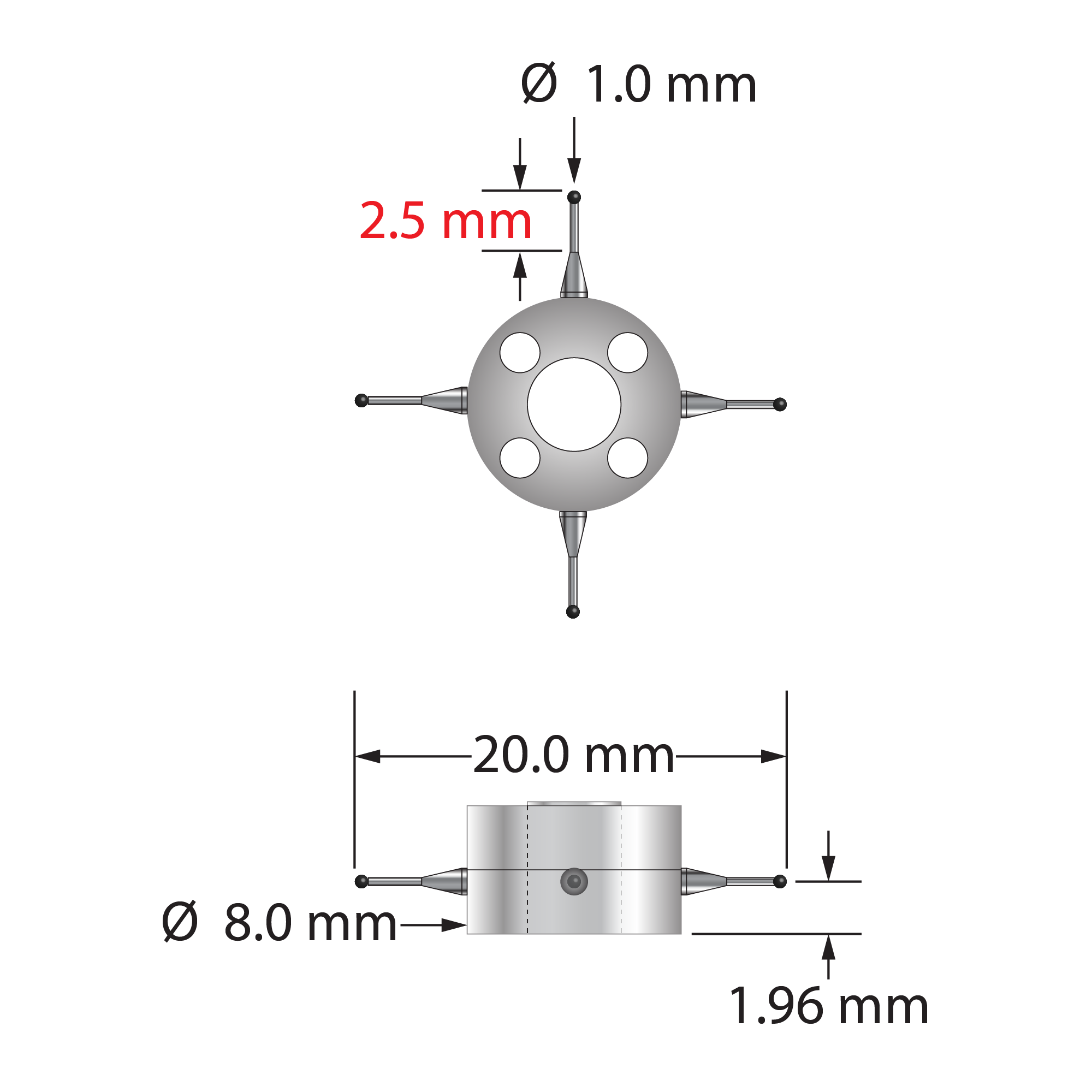 XXT-STR-1020-SN star stylus with 1.0mm silicon nitride balls, carbide stems, titanium hub by Q-Mark.