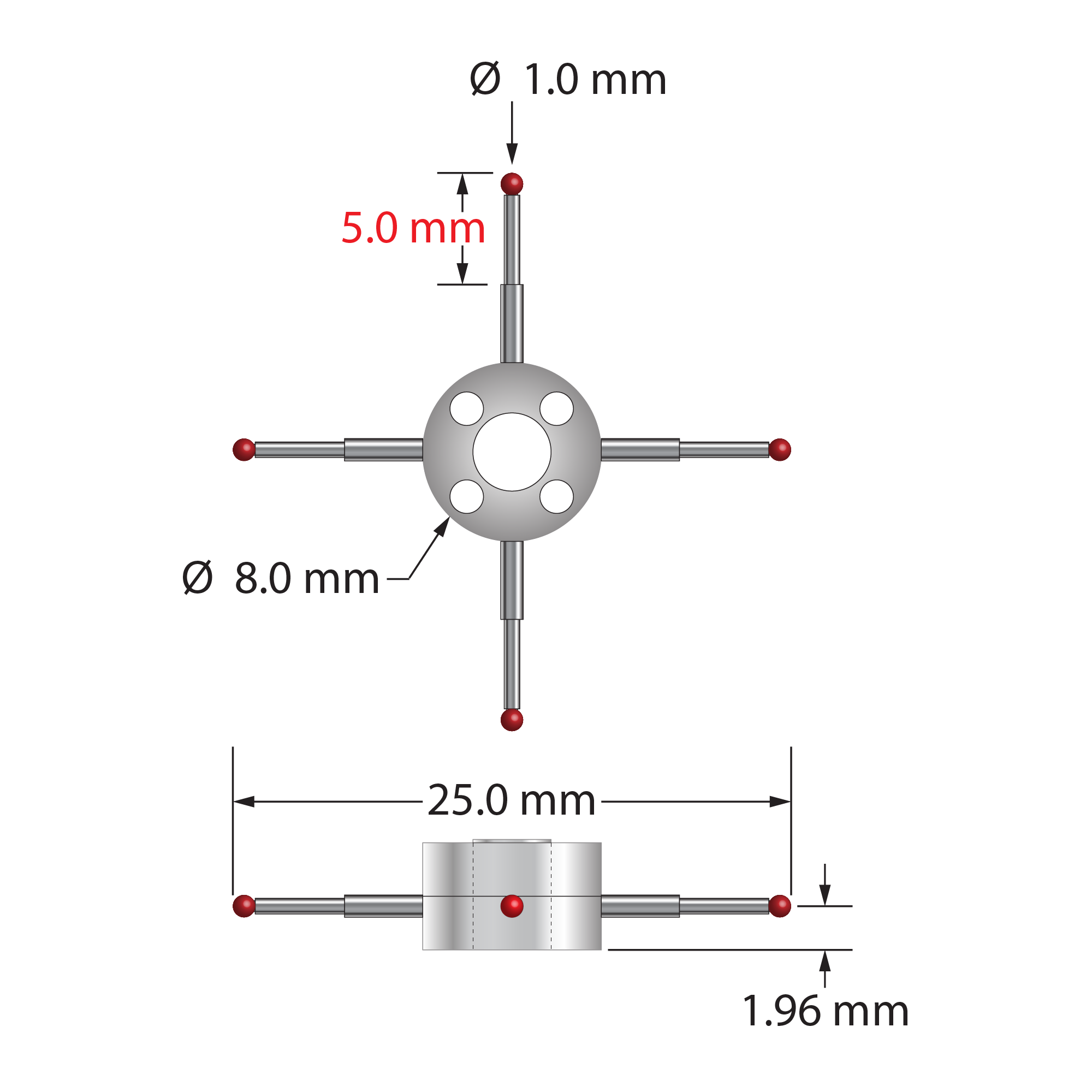 Four-way star stylus with 1.0 mm diameter ruby balls, carbide stems, and two-piece clamping titanium hub. Major stem diameter is 1.0 mm, minor diameter is 0.8 mm. Star stylus weight is 1.21 grams. Compare to Zeiss 626103-0100-025.