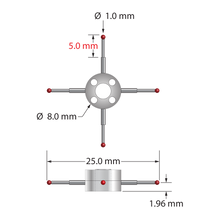 Four-way star stylus with 1.0 mm diameter ruby balls, carbide stems, and two-piece clamping titanium hub. Major stem diameter is 1.0 mm, minor diameter is 0.8 mm. Star stylus weight is 1.21 grams. Compare to Zeiss 626103-0100-025.