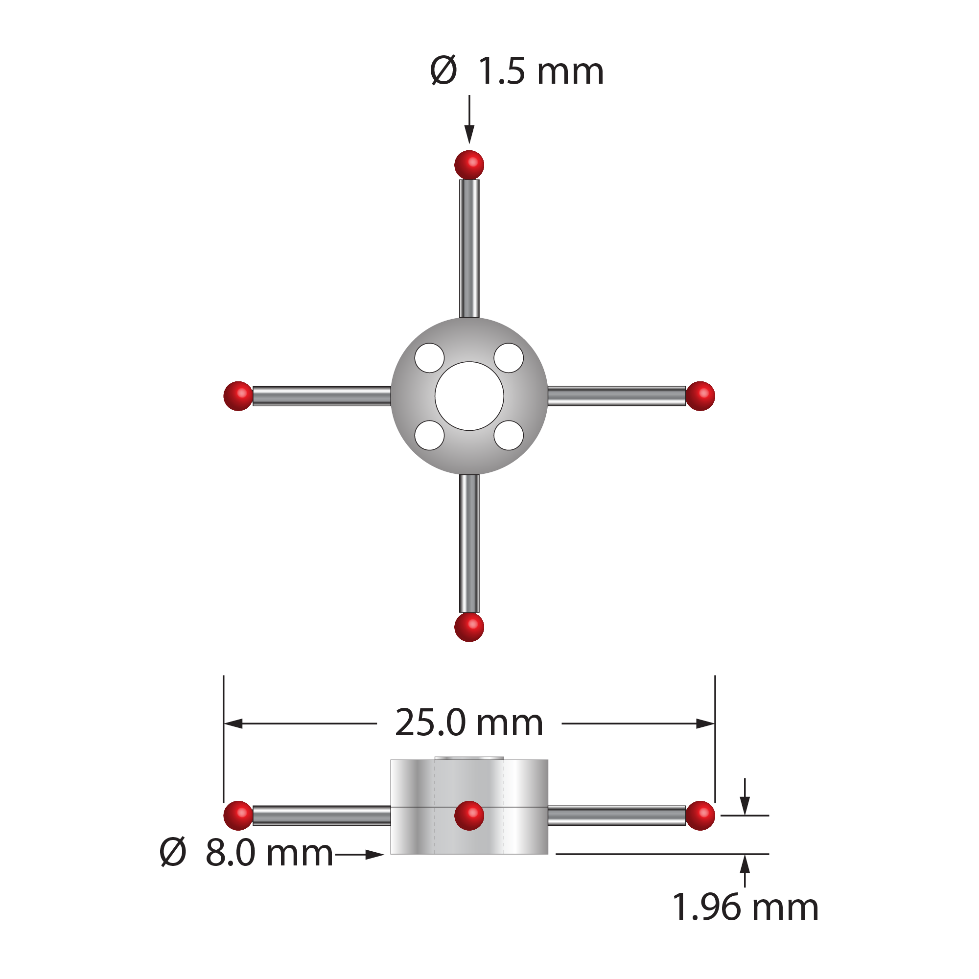 Four-way star stylus with 1.5 mm diameter ruby balls, carbide stems, and two-piece clamping titanium hub. Star stylus weight is 1.18 grams. Compare to Zeiss 626103-0150-025.
