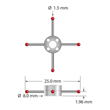 Four-way star stylus with 1.5 mm diameter ruby balls, carbide stems, and two-piece clamping titanium hub. Star stylus weight is 1.18 grams. Compare to Zeiss 626103-0150-025.
