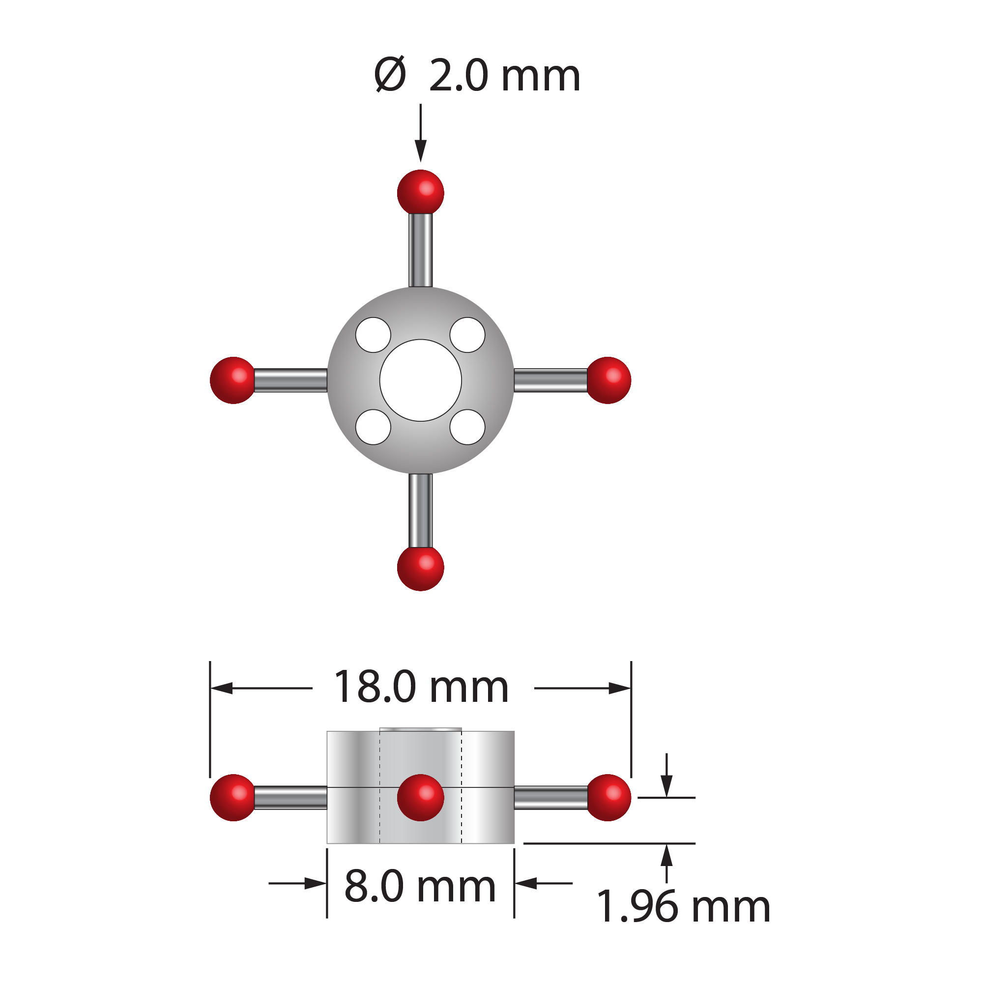 Four-way star stylus with 2.0 mm diameter ruby balls, 1.0 mm diameter carbide stems, and two-piece clamping titanium hub. Star stylus weight is 1.04 grams. Compare to Zeiss 626103-0200-018.