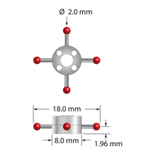 Four-way star stylus with 2.0 mm diameter ruby balls, 1.0 mm diameter carbide stems, and two-piece clamping titanium hub. Star stylus weight is 1.04 grams. Compare to Zeiss 626103-0200-018.