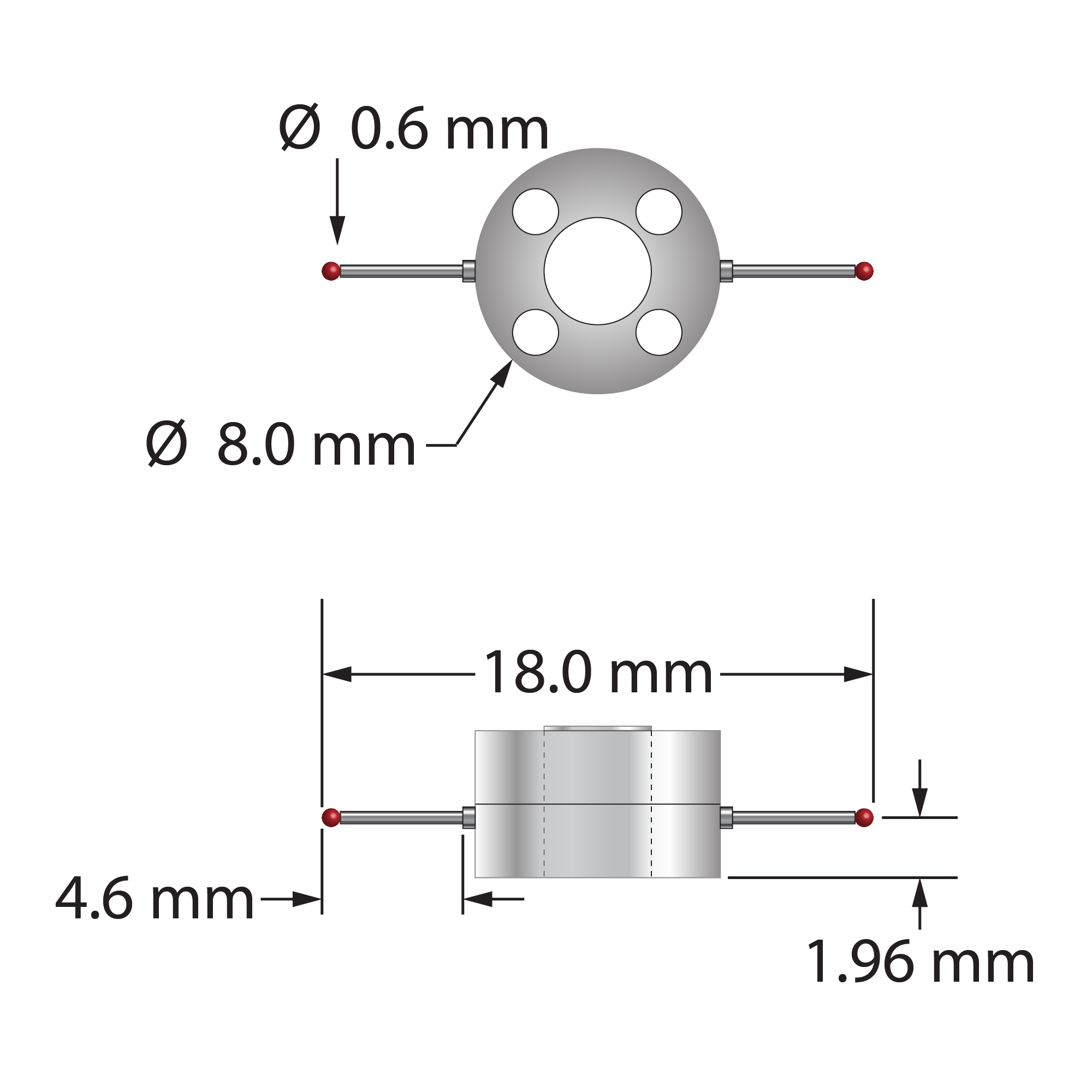 Two-way star stylus with 0.6 mm diameter ruby balls, stepped carbide stems, and two-piece clamping titanium hub. Minor stem diameter is 0.4 mm, major diameter is 1.0 mm. Individual styli can be replaced or adjusted by unscrewing the two-piece hub. Star stylus weight is 0.94 gram. Compare to Zeiss 626103-0060-218.