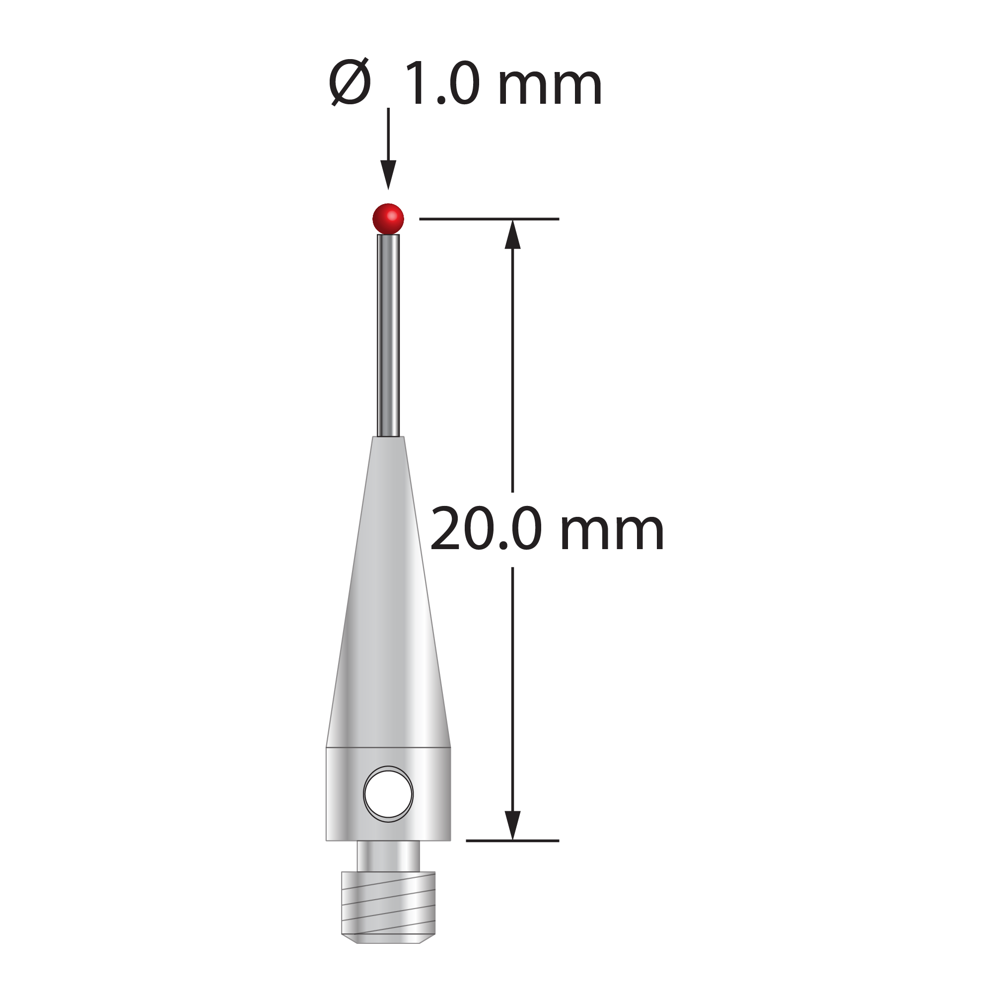 M3 stylus with 1.0 mm diameter ruby ball, 0.7 mm diameter carbide stem, and 4.0 mm diameter x 13.0 mm long stainless steel base. Stylus length to ball center is 20.0 mm. Stylus weight is 0.85 gram.