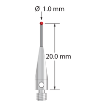 M3 stylus with 1.0 mm diameter ruby ball, 0.7 mm diameter carbide stem, and 4.0 mm diameter x 13.0 mm long stainless steel base. Stylus length to ball center is 20.0 mm. Stylus weight is 0.85 gram.