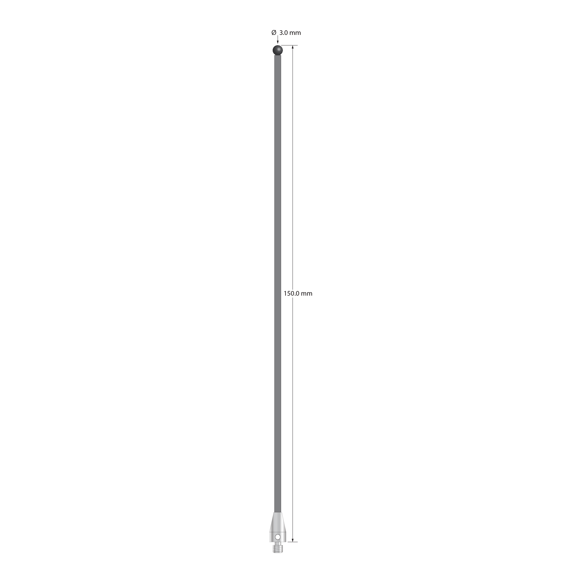M3 XXT stylus with 3.0 mm diameter silicon nitride ball, 2.0 mm diameter carbon fiber stem, and 5.0 mm diameter x 9.0 mm long titanium base. Overall stylus length is 150.0 mm. Stylus weight is 1.16 grams. Compare to Zeiss 626113-0301-150.