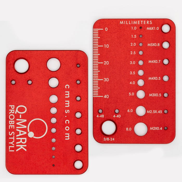 End the guesswork over the correct thread and ball sizes for your probe system.  Our thread card features ten tapped holes between M2 and 3/8-24 to check the thread size, and ten holes ranging from 1.0 to 6.0 mm to gauge the ball size.  A built-in 40 mm engraved scale confirms the stylus length.  They're about the same size as a playing card.  We make them from aircraft grade aluminum that is machined, de-burred, red anodized, and laser engraved.  Protective slip cover included.