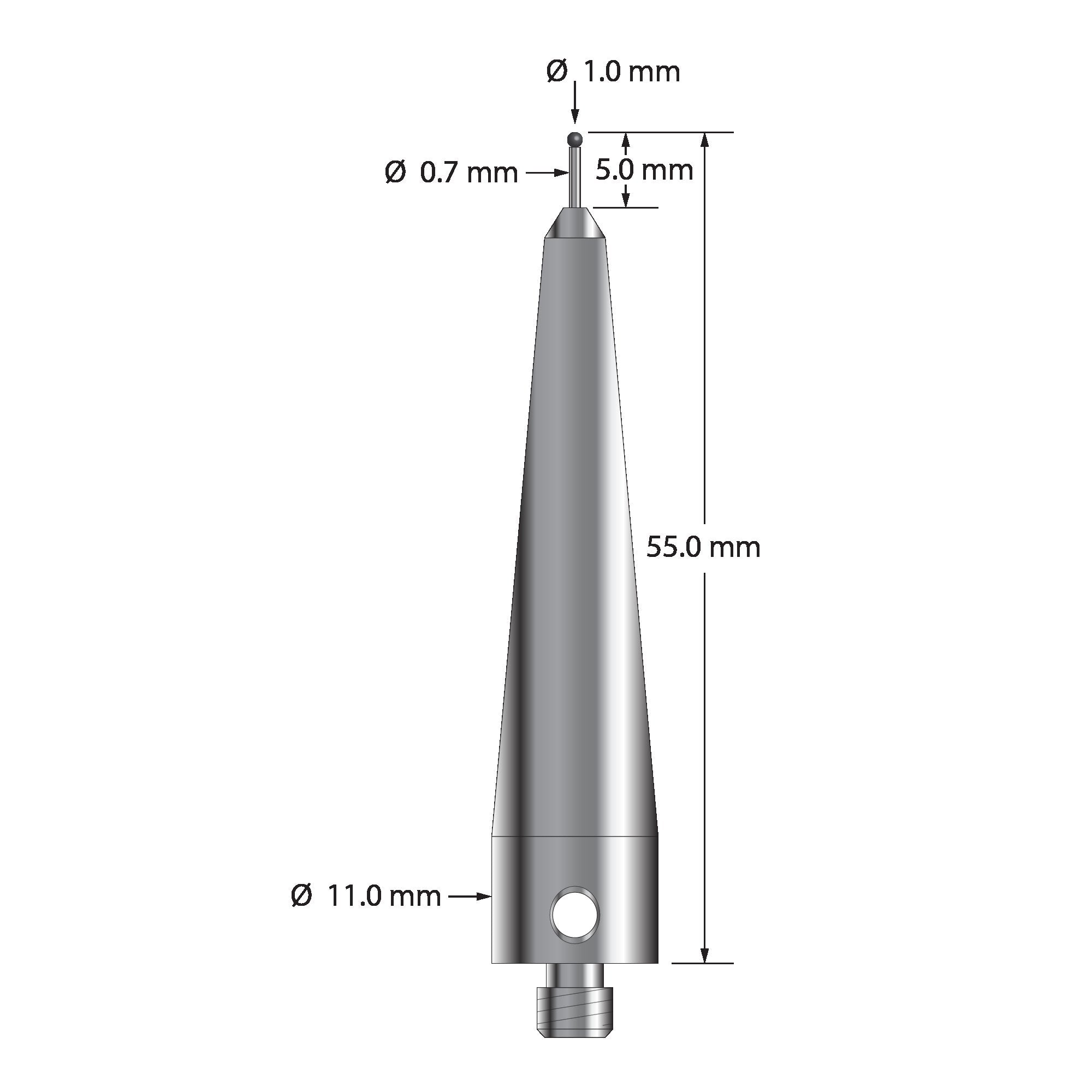 ACR-1055-SN M5 stylus with 1.0mm silicon nitride ball, carbide stem, and stainless steel base, 55.0mm long by Q-Mark Manufacturing, Inc.