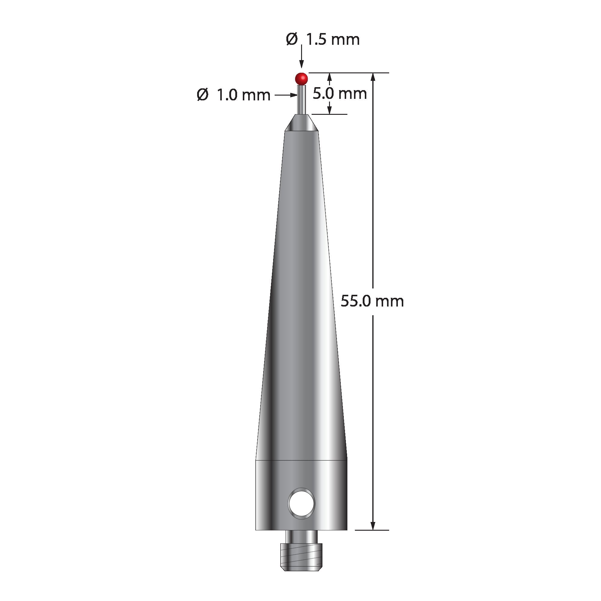 ACR-1555 M5 stylus with 1.5mm ruby ball, carbide stem, and stainless steel base, 55mm long by Q-Mark Manufacturing, Inc.
