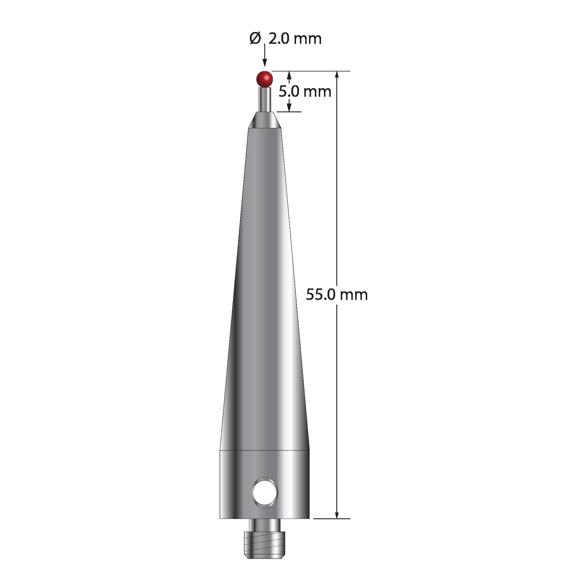 ACR-2055 M5 2.0mm ruby ball stylus with carbide stem and stainless steel base, 55.0mm long by Q-Mark Manufacturing, Inc.