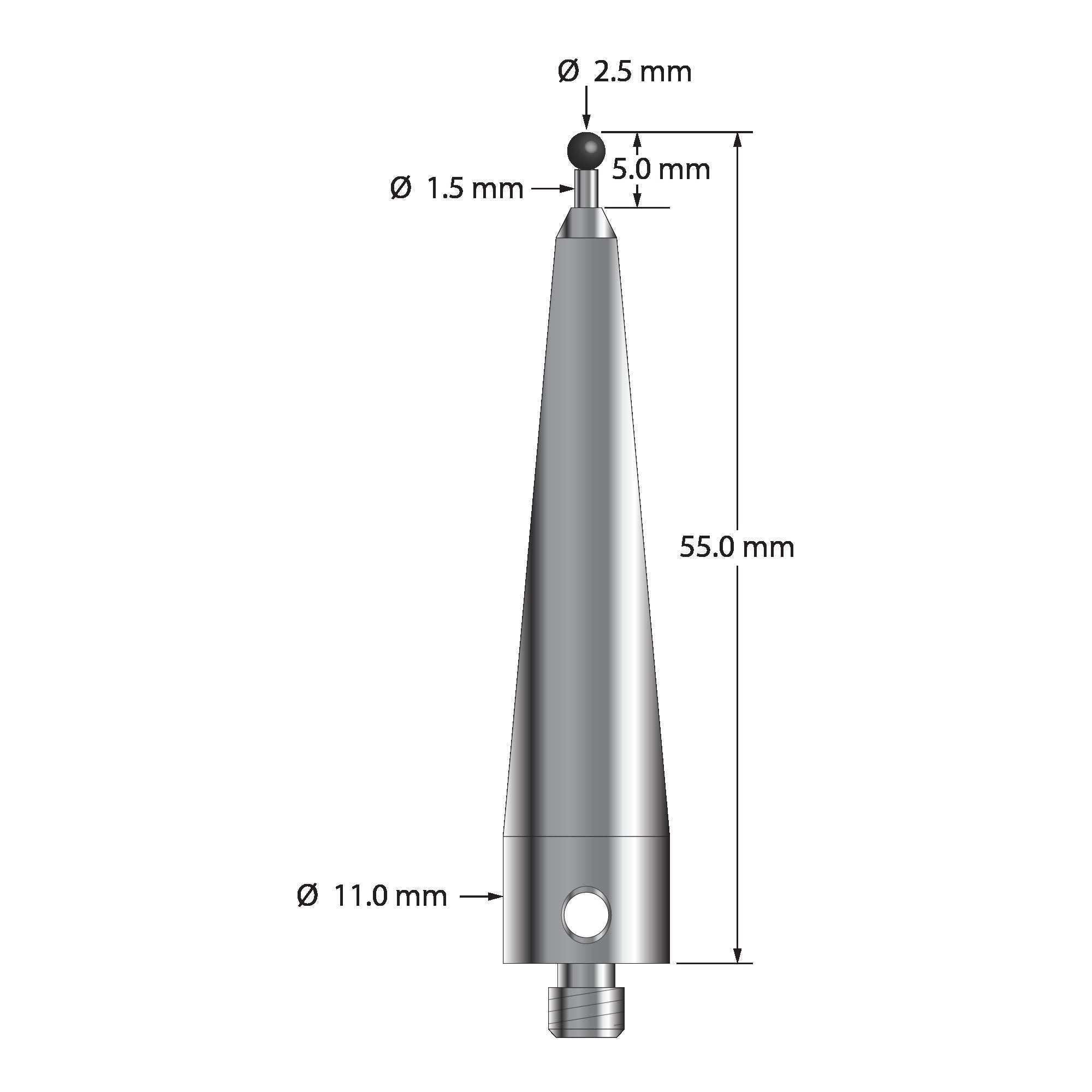 ACR-2555-SN M5 stylus with 2.5mm silicon nitride ball, carbide stem, and stainless steel base, 55mm long by Q-Mark Manufacturing, Inc.