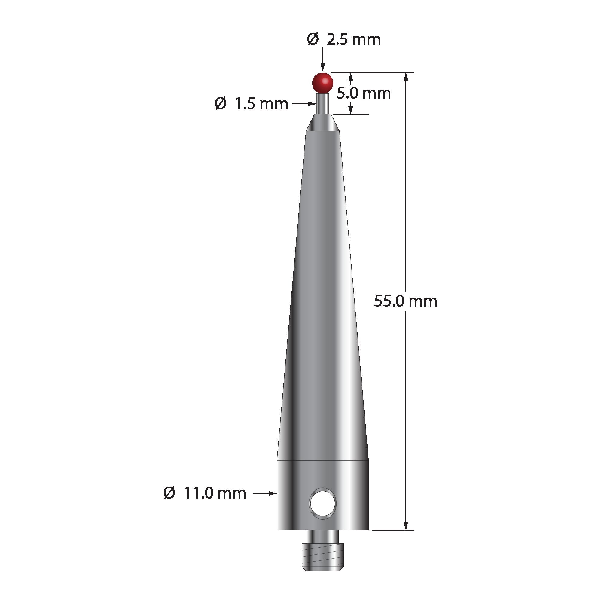 ACR-2555 M5 stylus with 2.5mm ruby ball, carbide stem, and stainless steel base by Q-Mark Manufacturing, Inc.