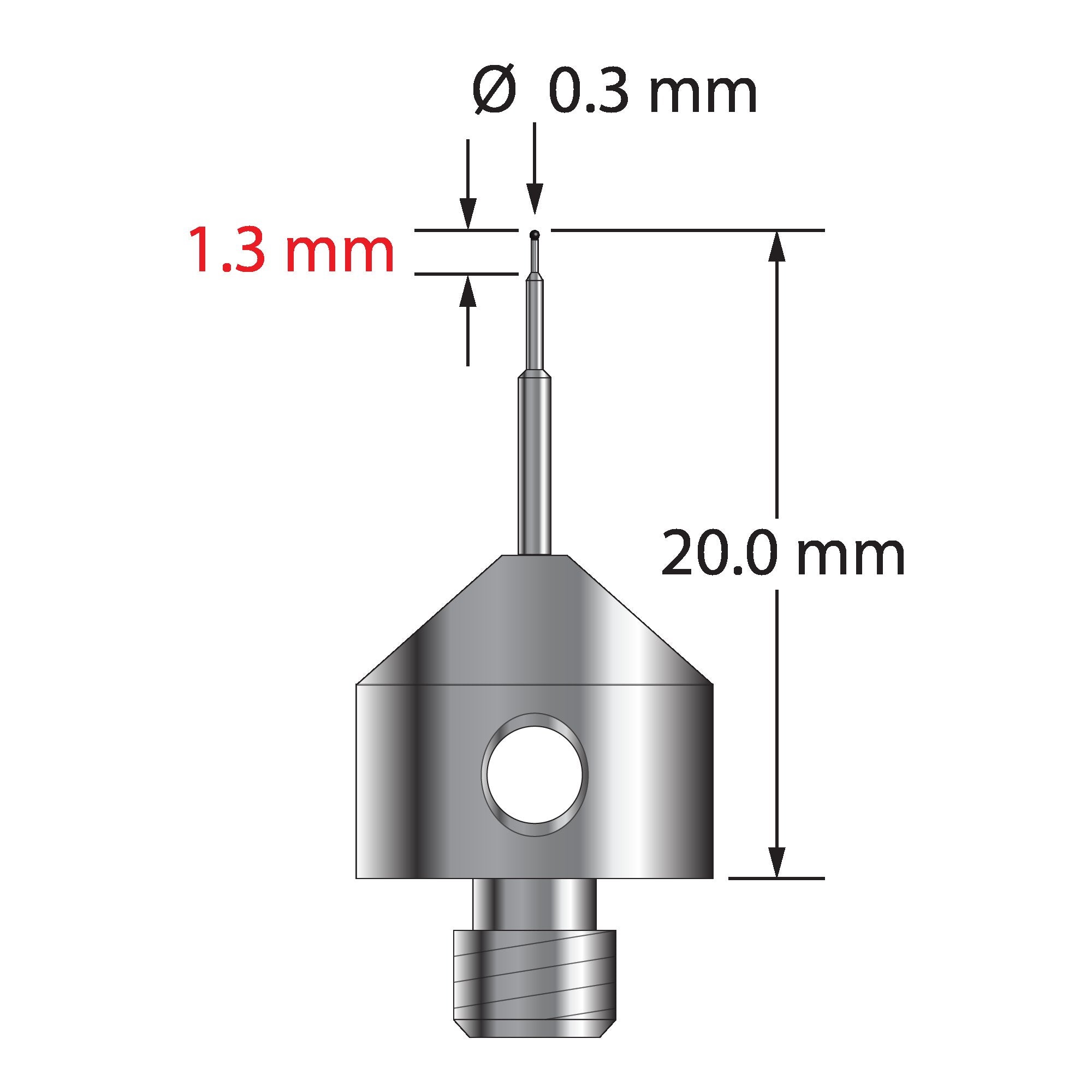 AFG-0320-C M5 0.3mm carbide ball stylus with stepped carbide stem and stainless steel base, 20.0mm long by Q-Mark Manufacturing, Inc.