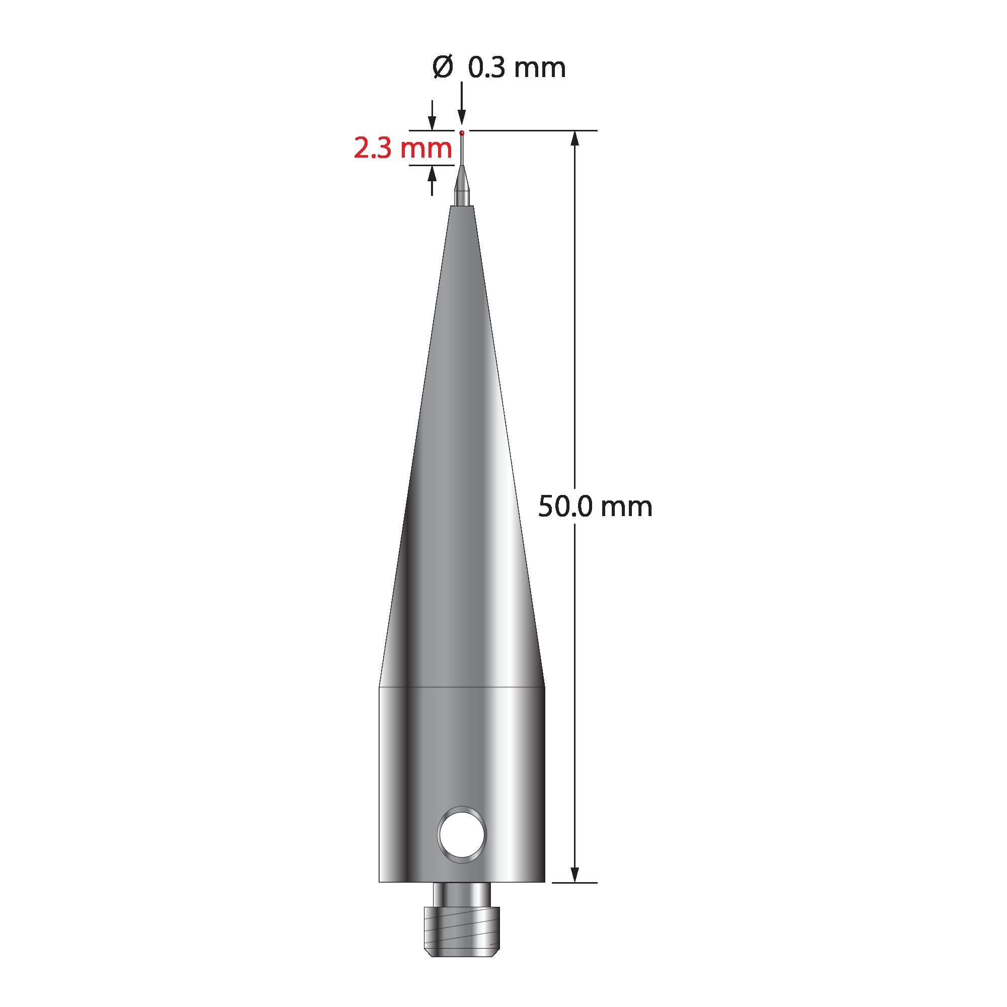 AFG-0350-03 M5 stylus with 0.3mm ruby ball, carbide stem, and tapered stainless steel base by Q-Mark Manufacturing, Inc.