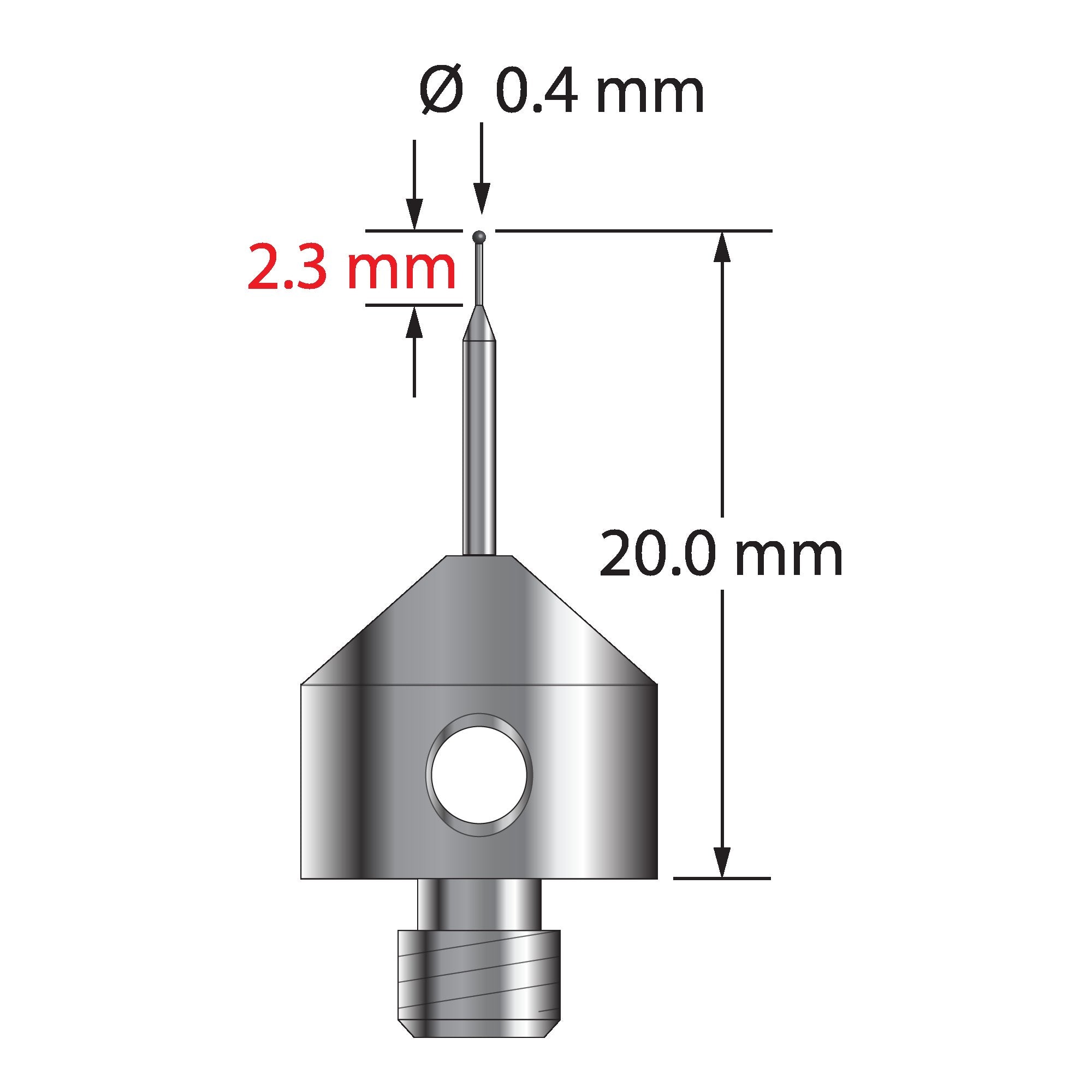 AFG-0420-SN M5 stylus with 0.4mm silicon nitride ball, tapered carbide stem, and stainless steel base.