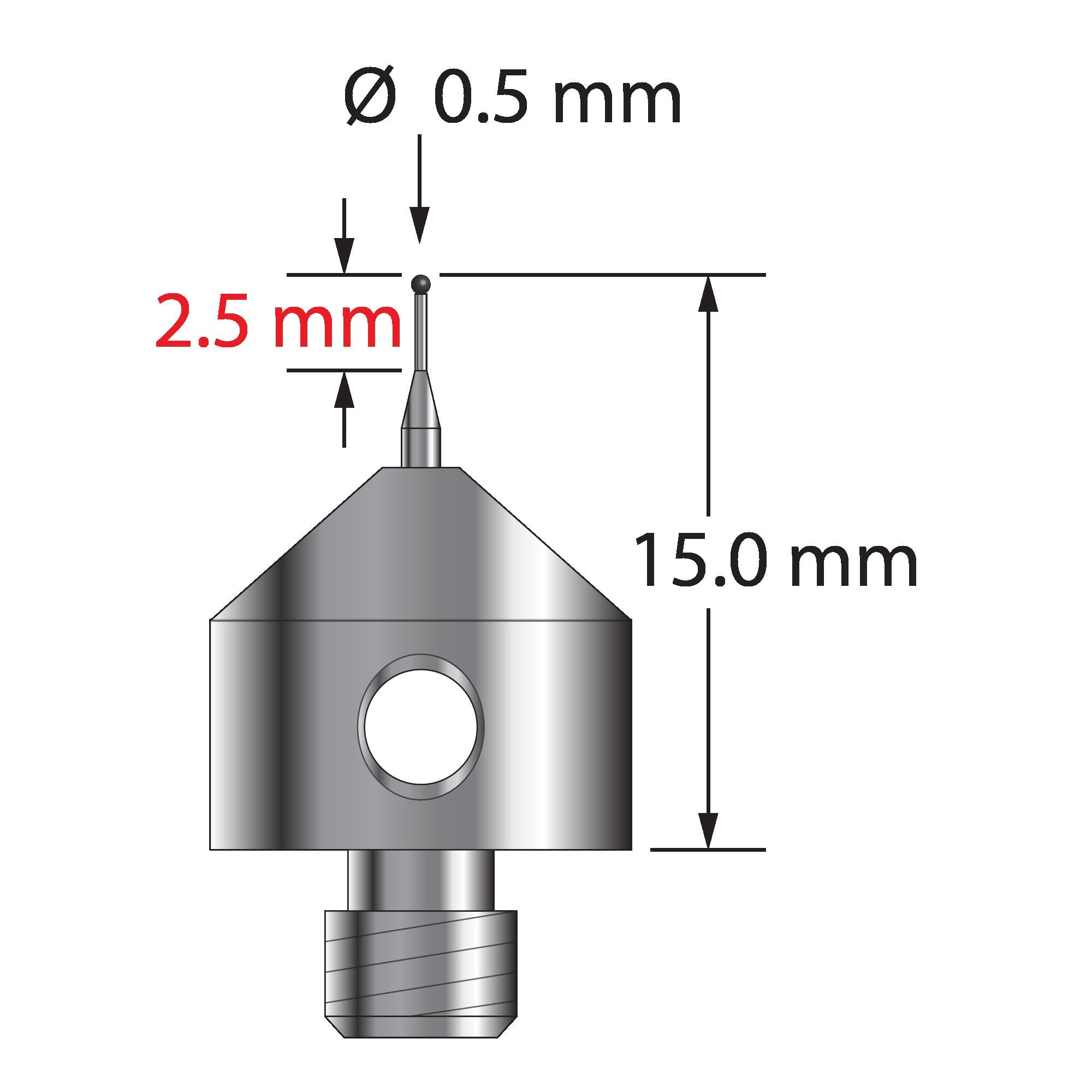 AFG-0515-SN M5 stylus with 0.5mm silicon nitride ball, tapered carbide stem, and stainless steel base.