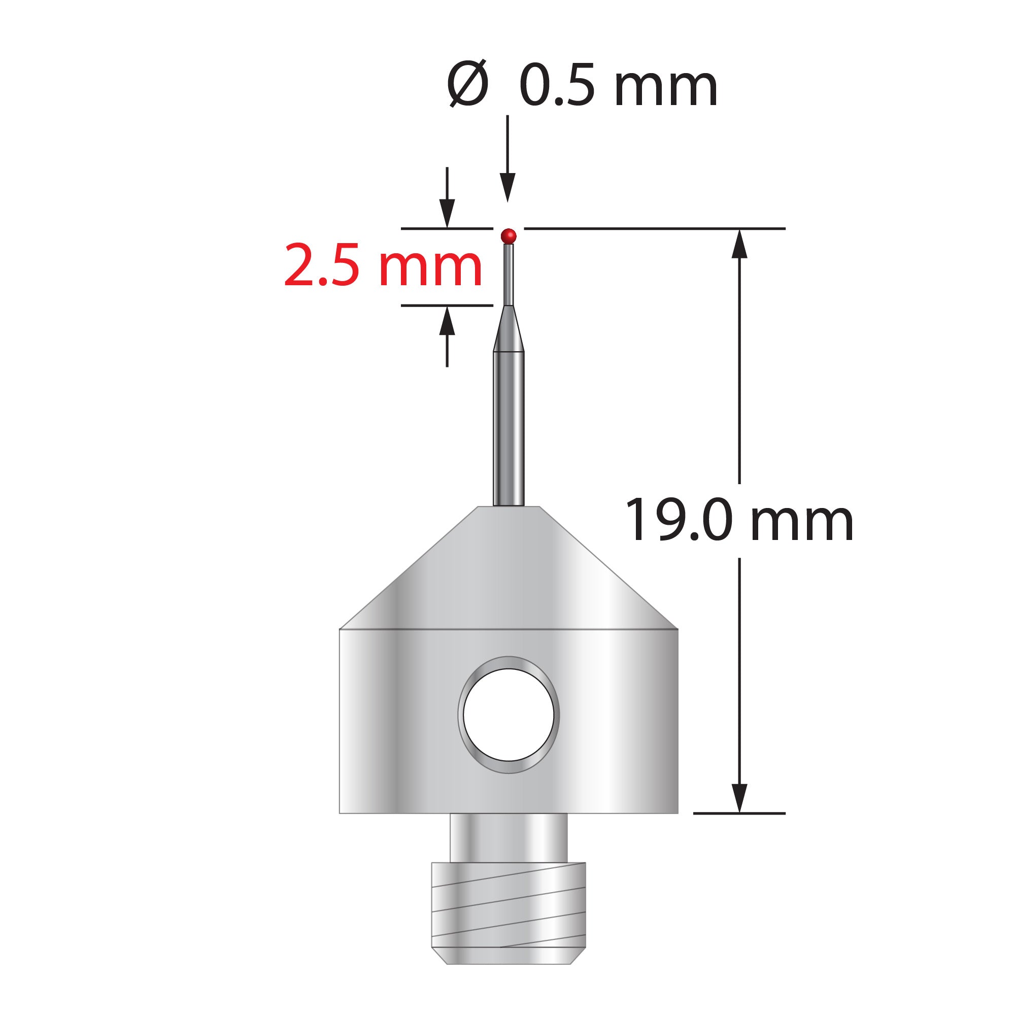 AFG-0519-R M5 stylus with 0.5mm ruby ball, tapered carbide stem, and stainless steel base, 19.0mm long by Q-Mark Manufacturing, Inc.