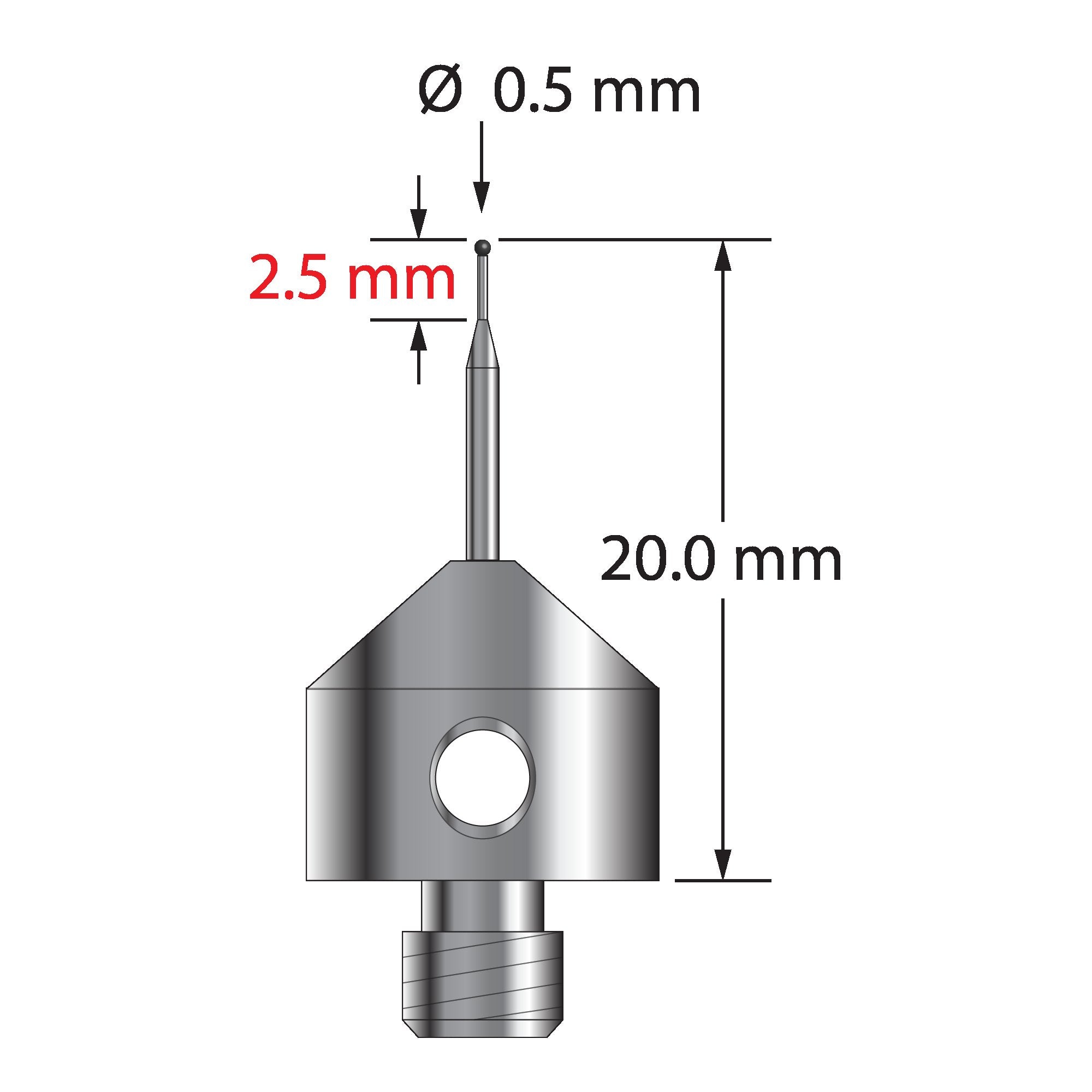 AFG-0520-SN M5 stylus with 0.5mm silicon nitride ball and stainless steel base, 20mm long.