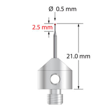 AFG-0521-R M5 stylus with 0.5mm ruby ball, tapered carbide stem, and stainless steel base, 21.0mm long.