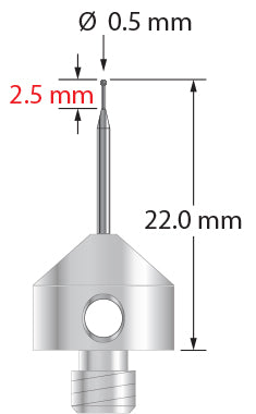 AFG-0522-SN M5 stylus with 0.5mm silicon nitride ball, tapered carbide stem, and stainless steel base.