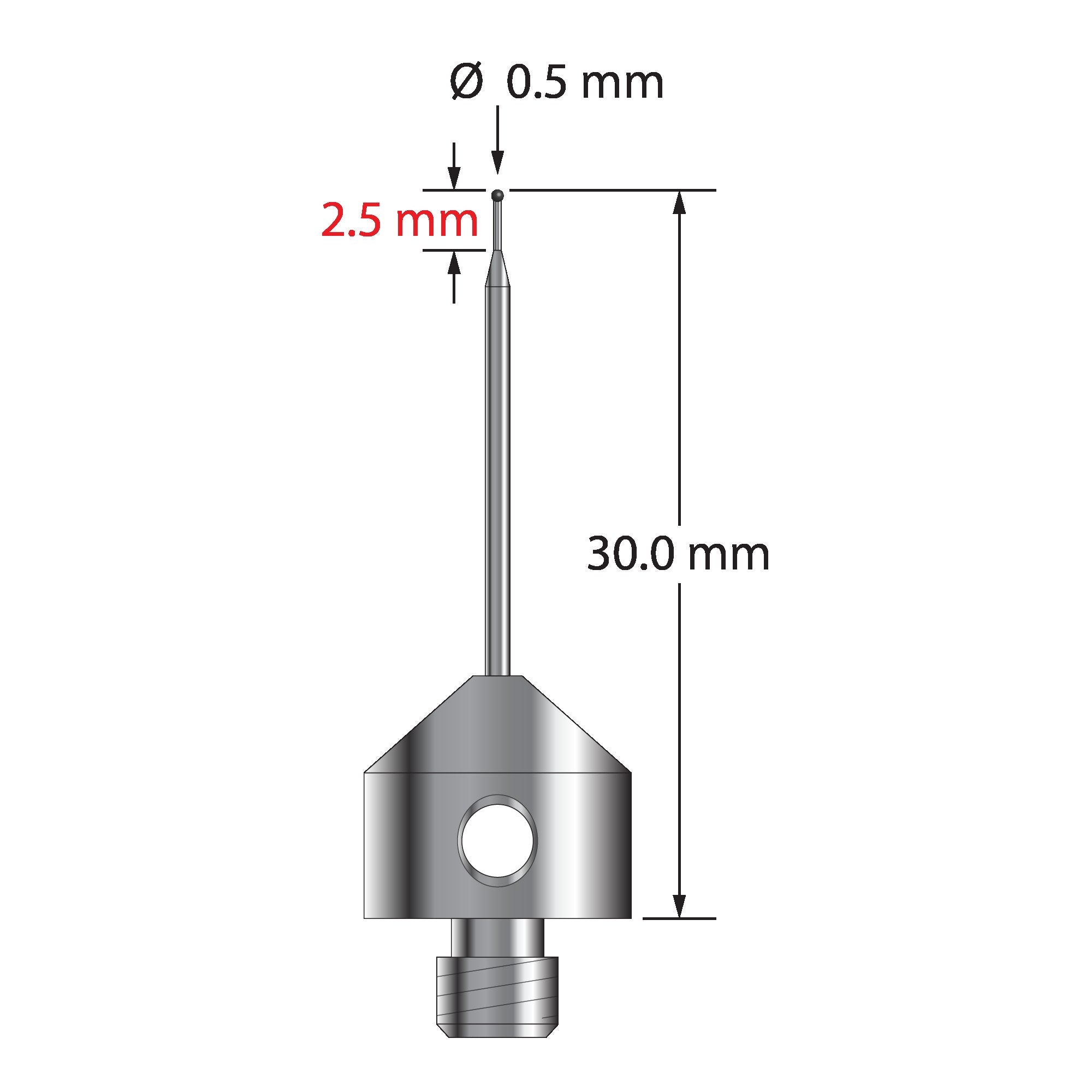 AFG-0530-SN M5 stylus with 0.5mm silicon nitride ball, tapered carbide stem, and stainless steel base, 30mm long.