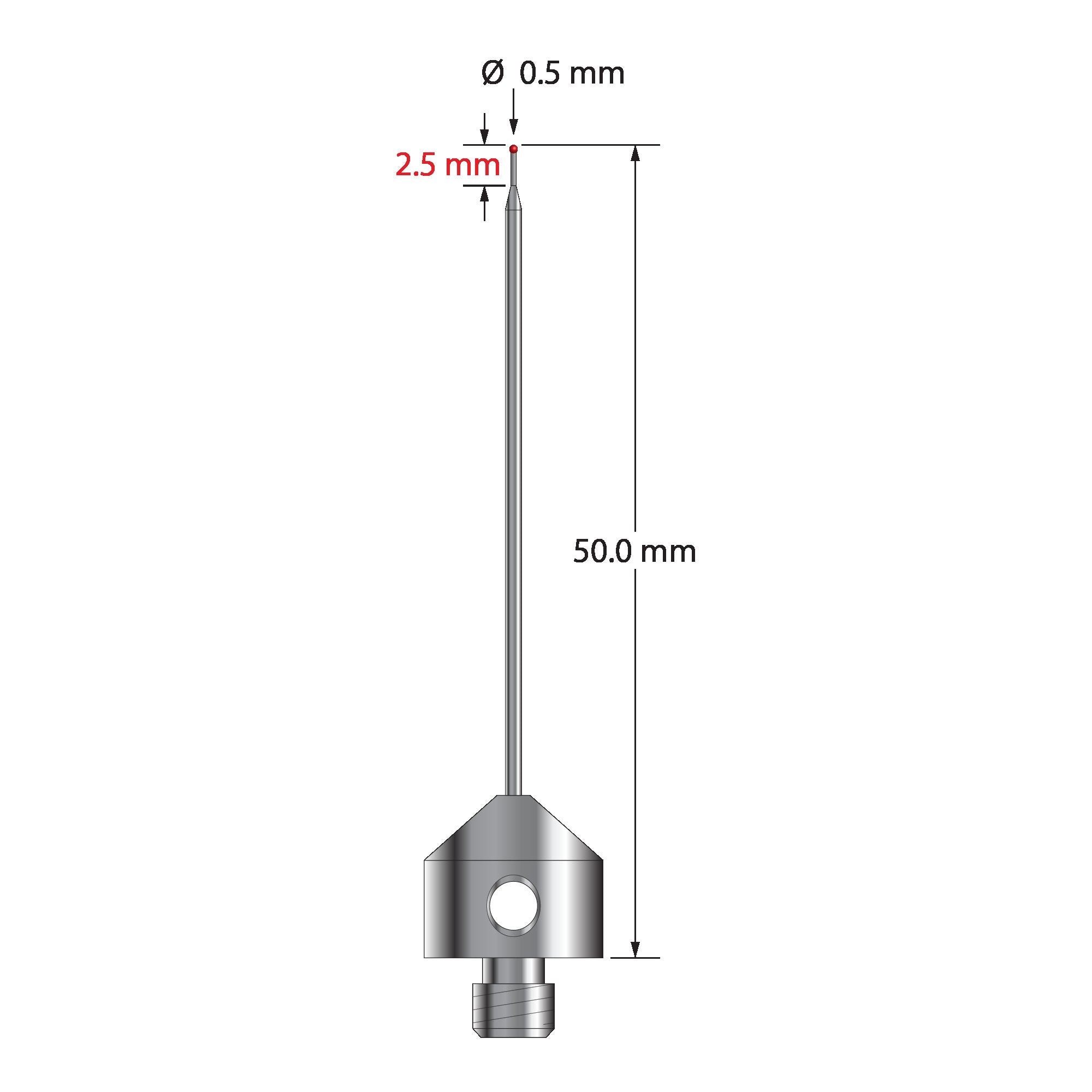 AFG-0550-R M5 stylus with 0.5mm ruby ball, tapered carbide stem, and stainless steel base, 50mm long.