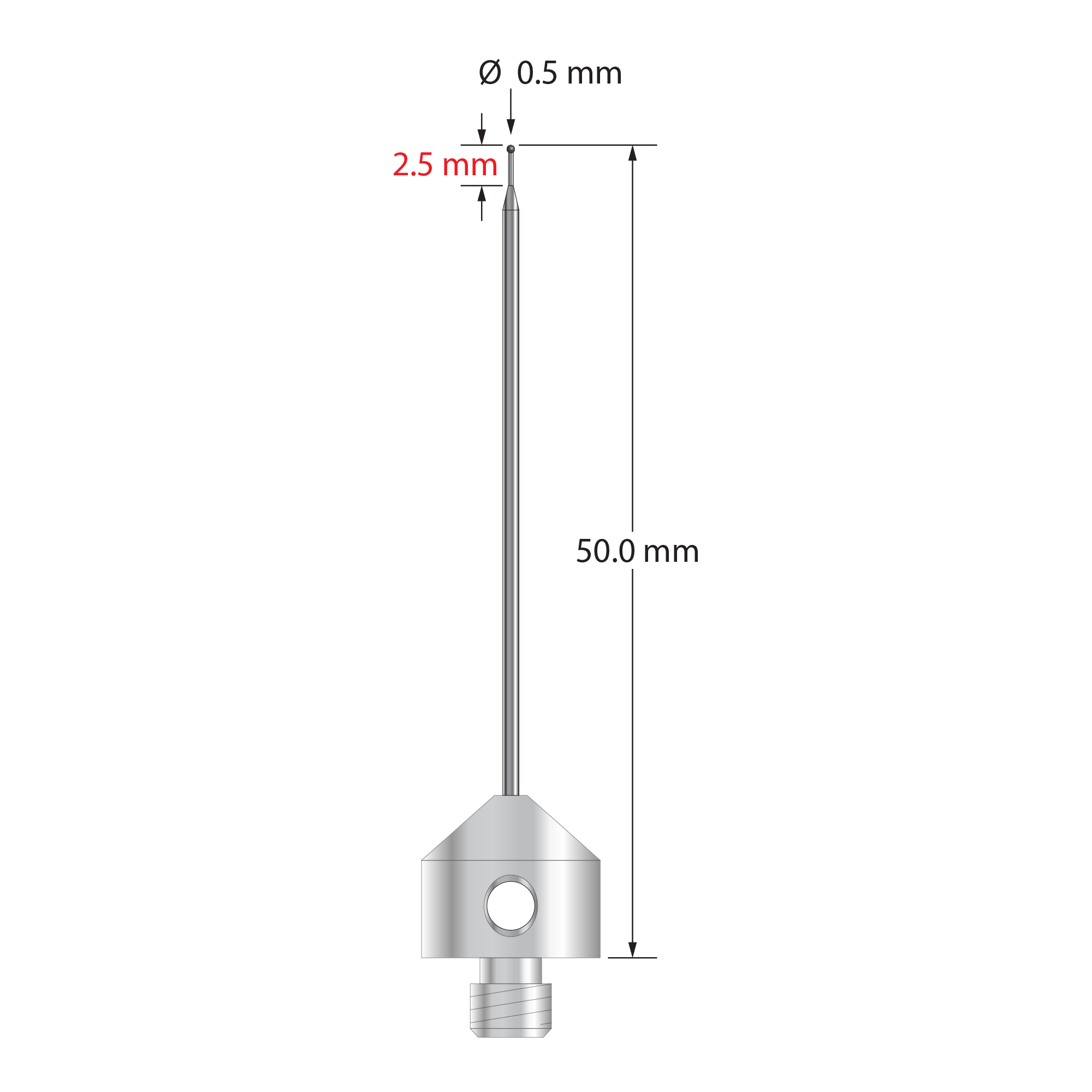 M5 stylus with 0.5 mm diameter silicon nitride ball, tapered carbide stem, and 11.0 mm diameter x 10.0 long stainless steel base. Minor stem diameter is 0.3 mm; major diameter is 1.0 mm. Overall stylus length is 50.0 mm. Stylus weight is 6.02 grams.