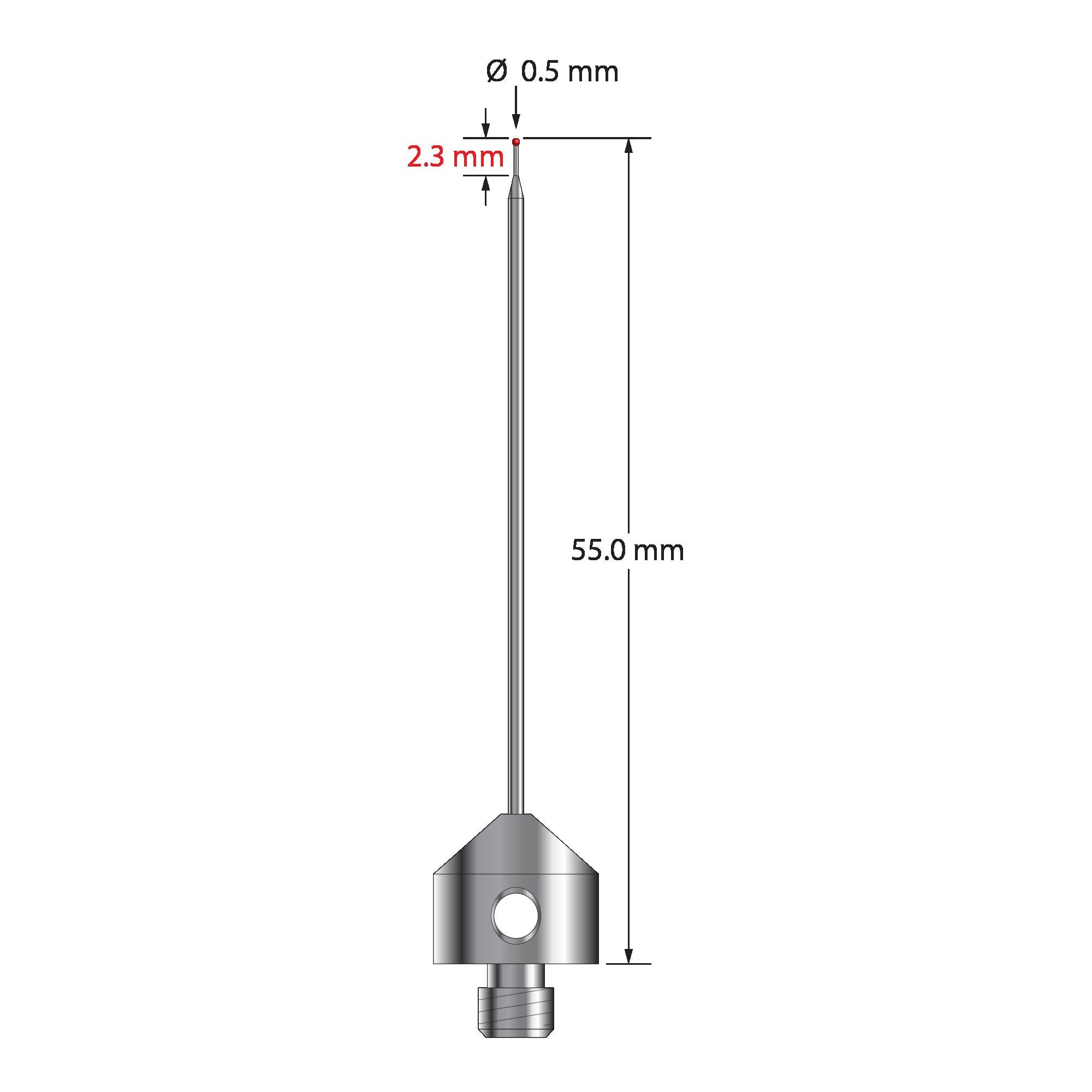 AFG-0555-R M5 stylus with 0.5mm ruby ball, tapered carbide stem, and stainless steel base, 55mm long.
