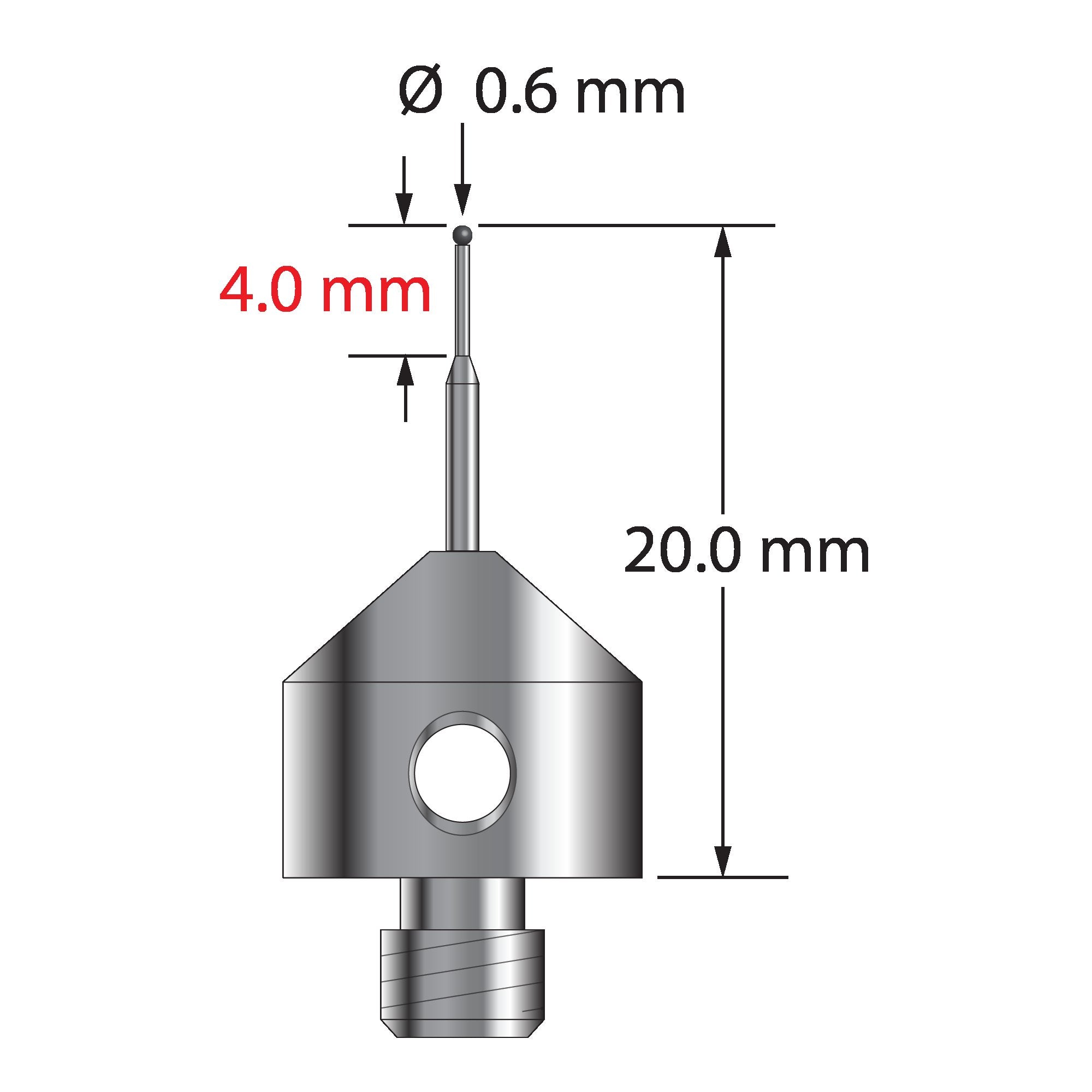 AFG-0620-C M5 0.6mm carbide ball stylus with tapered carbide stem and stainless steel base, 20.0mm long by Q-Mark Manufacturing, Inc.