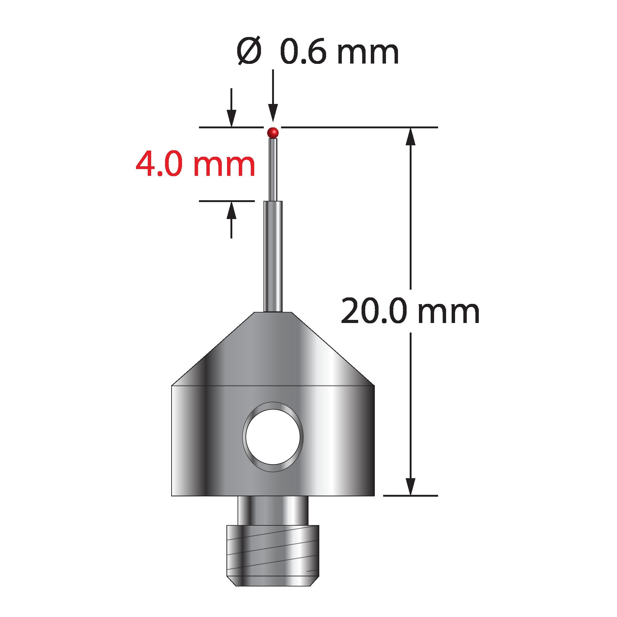 AFG-0620 M5 stylus with 0.6mm ruby ball, stepped carbide stem, and stainless steel base, 20.0mm long by Q-Mark Manufacturing, Inc.