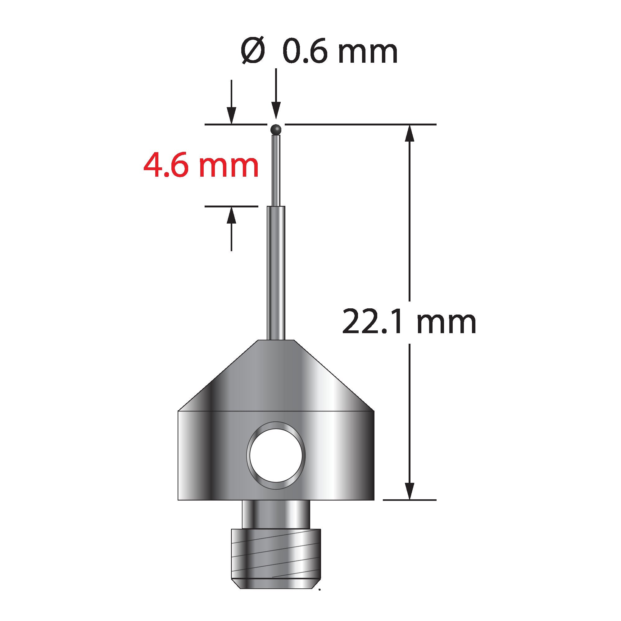 AFG-0622.1-SN M5 stylus with 0.6mm silicon nitride ball, stepped carbide stem, and stainless steel base.