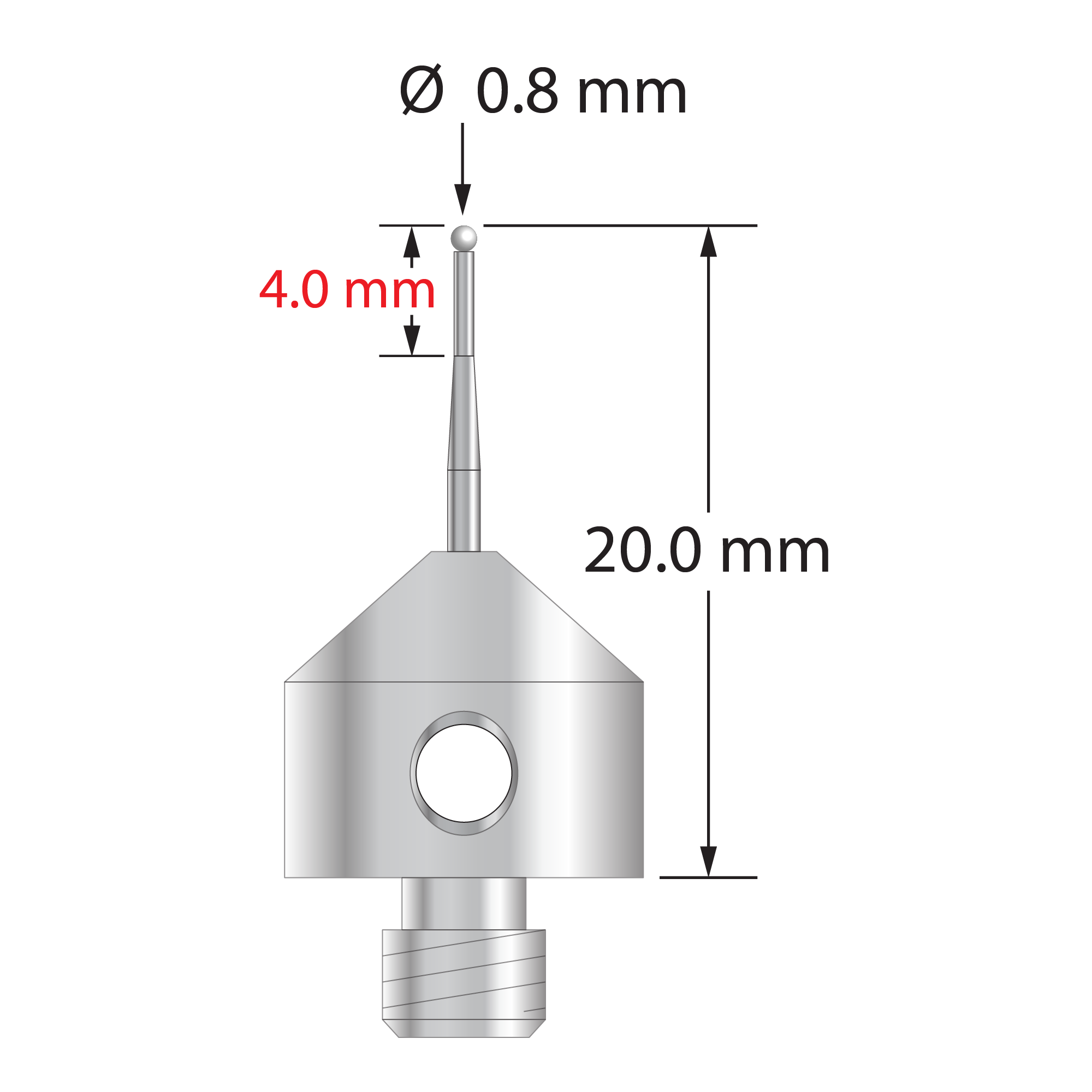 AFG-0820-T-Z M5 stylus with 0.8mm zirconia ball, tapered carbide stem, and stainless steel base, 20mm long by Q-Mark Manufacturing, Inc.