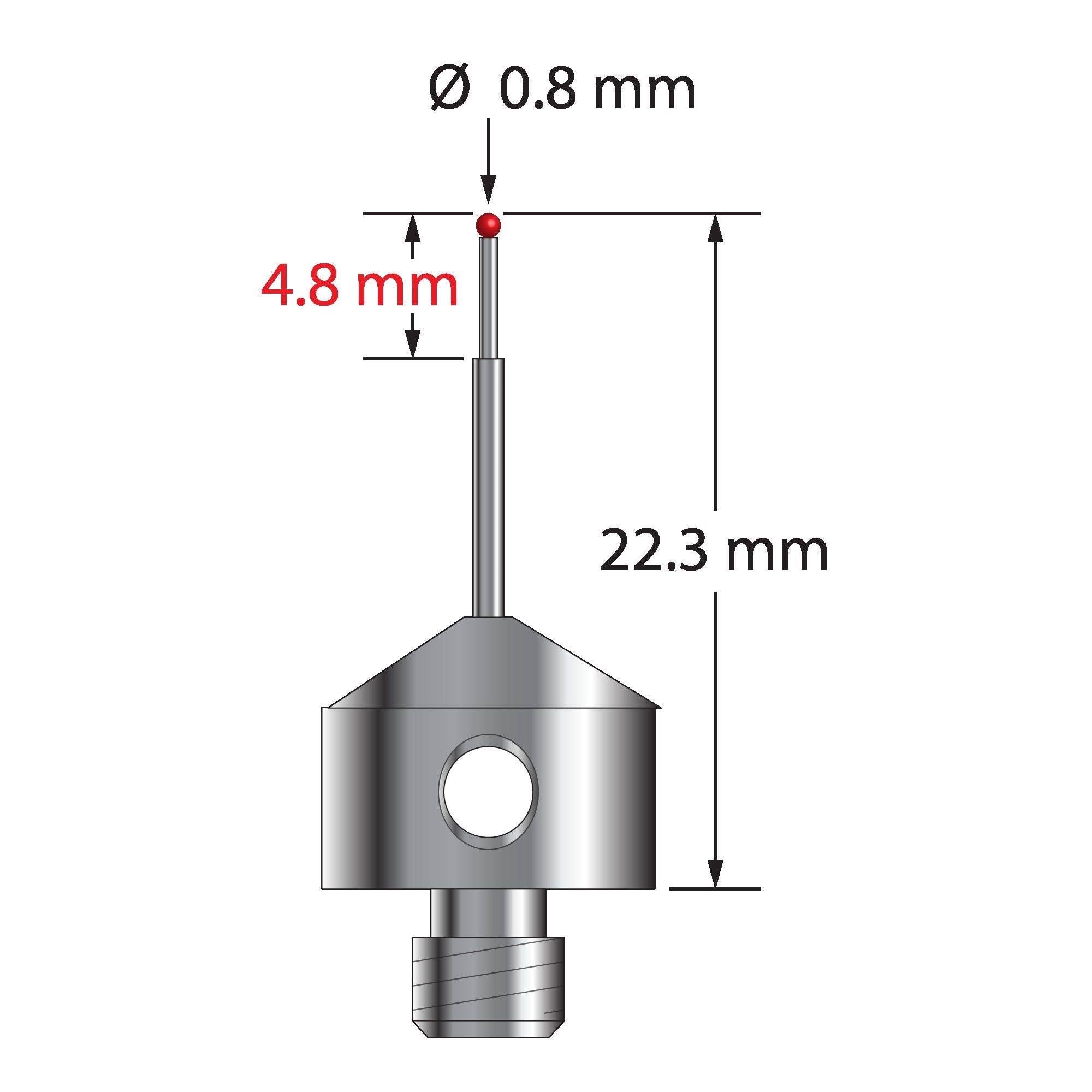 AFG-0822.3 M5 stylus with 0.8mm ruby ball, stepped carbide stem, and stainless steel base by Q-Mark Manufacturing, Inc.