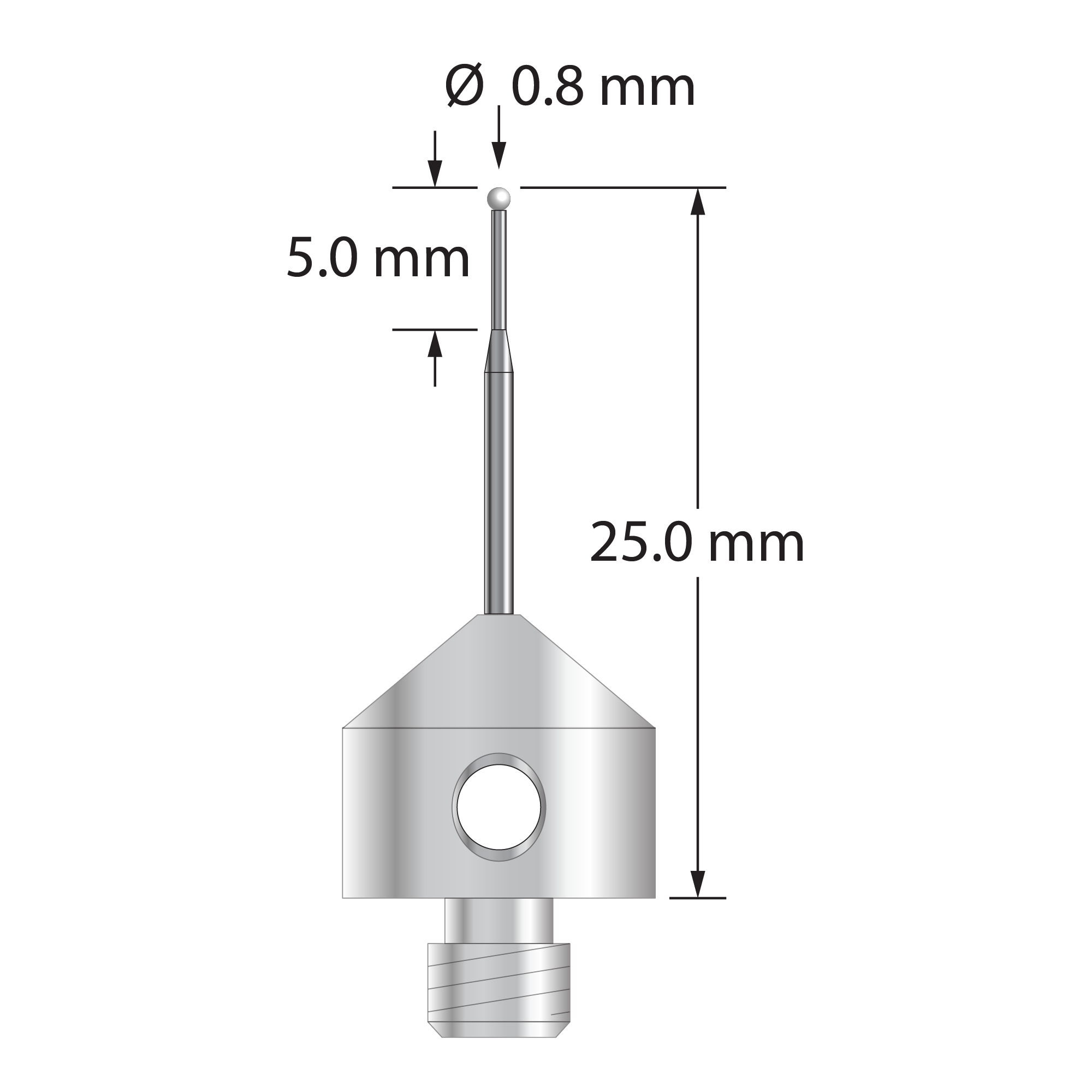 AFG-0825-L5-Z M5 stylus with 0.8mm zirconia ball, tapered carbide stem, and stainless steel base by Q-Mark Manufacturing, Inc.