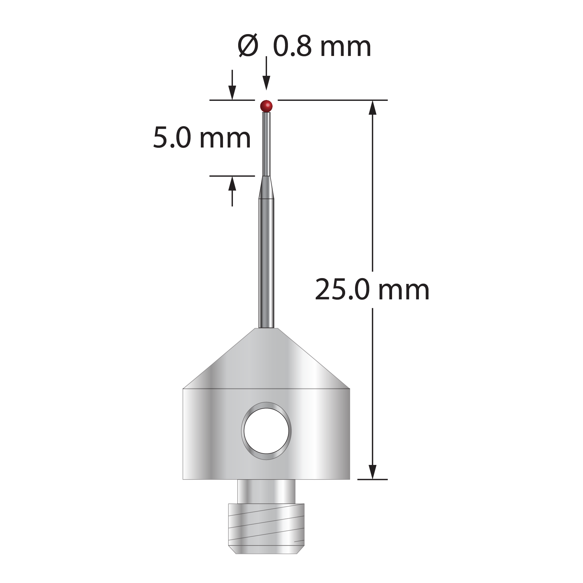 AFG-0825-L5 M5 stylus with 0.8mm ruby ball, tapered carbide stem, stainless steel base, 25mm long by Q-Mark Manufacturing, Inc.