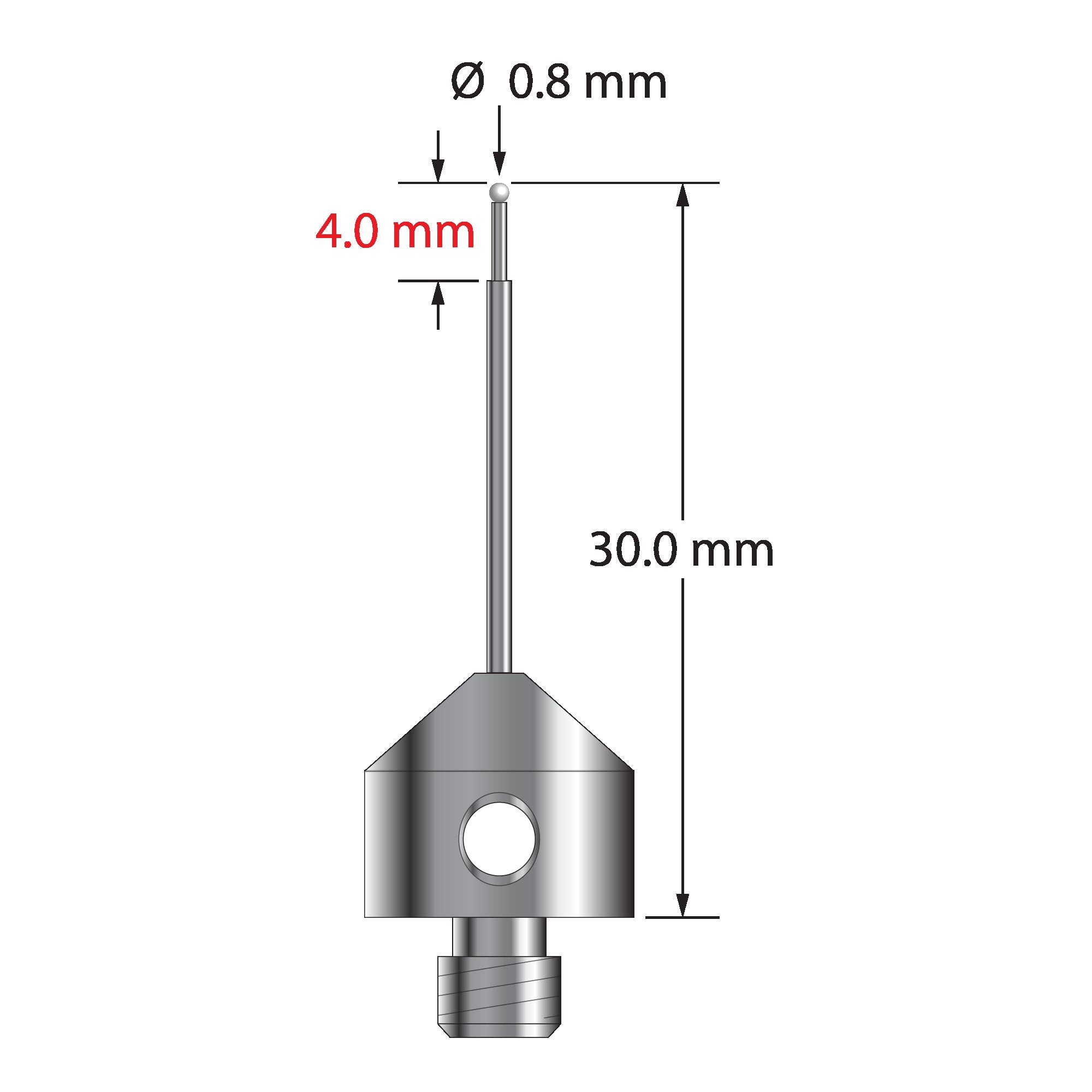 AFG-0830-Z M5 stylus with 0.8mm zirconia ball, stepped carbide stem, and stainless steel base.