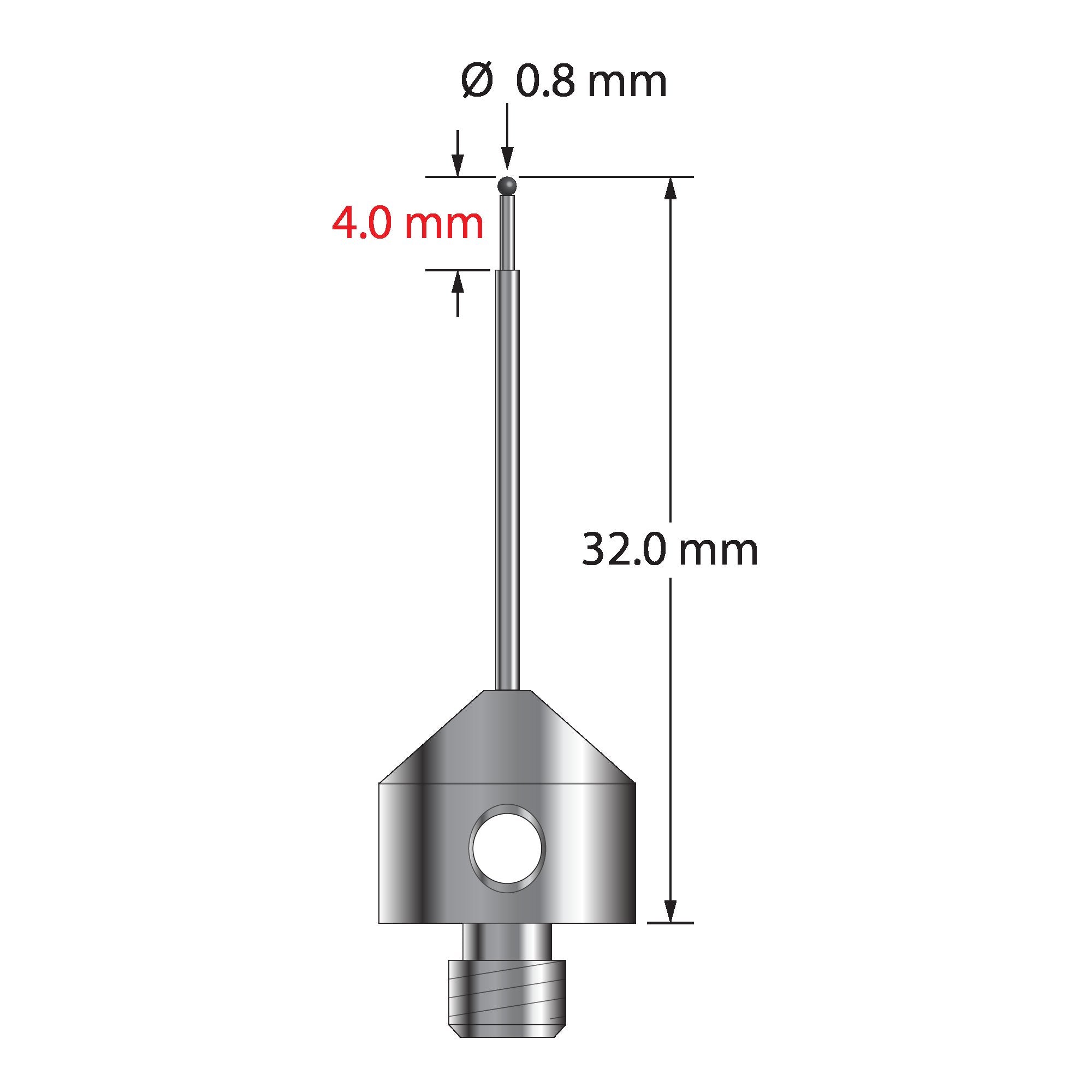 AFG-0832-SN M5 stylus with 0.8mm silicon nitride ball, stepped carbide stem, and stainless steel base by Q-Mark Manufacturing, Inc.