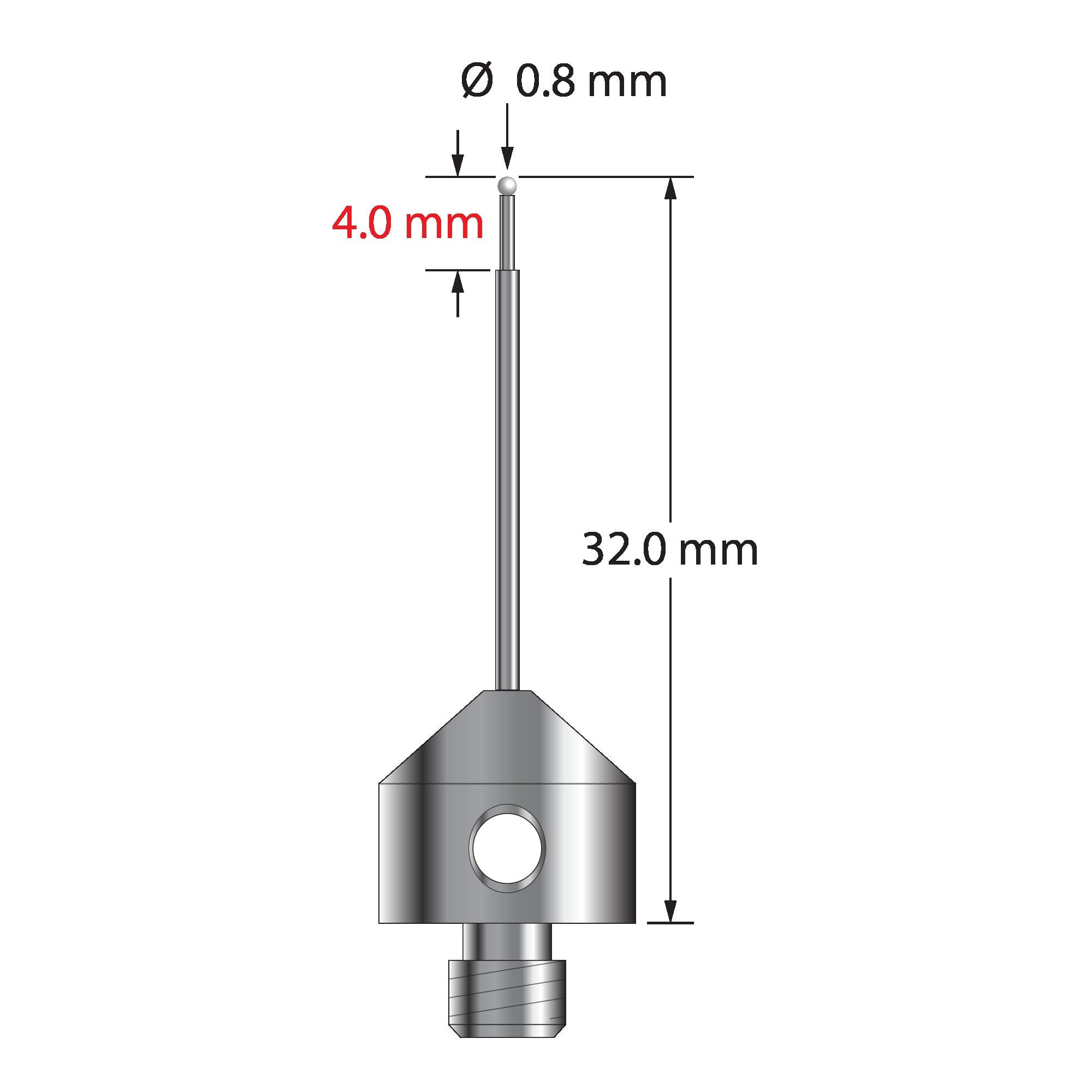 AFG-0832-Z M5 stylus with 0.8mm zirconia ball, carbide stem, and stainless steel base, 32mm long.