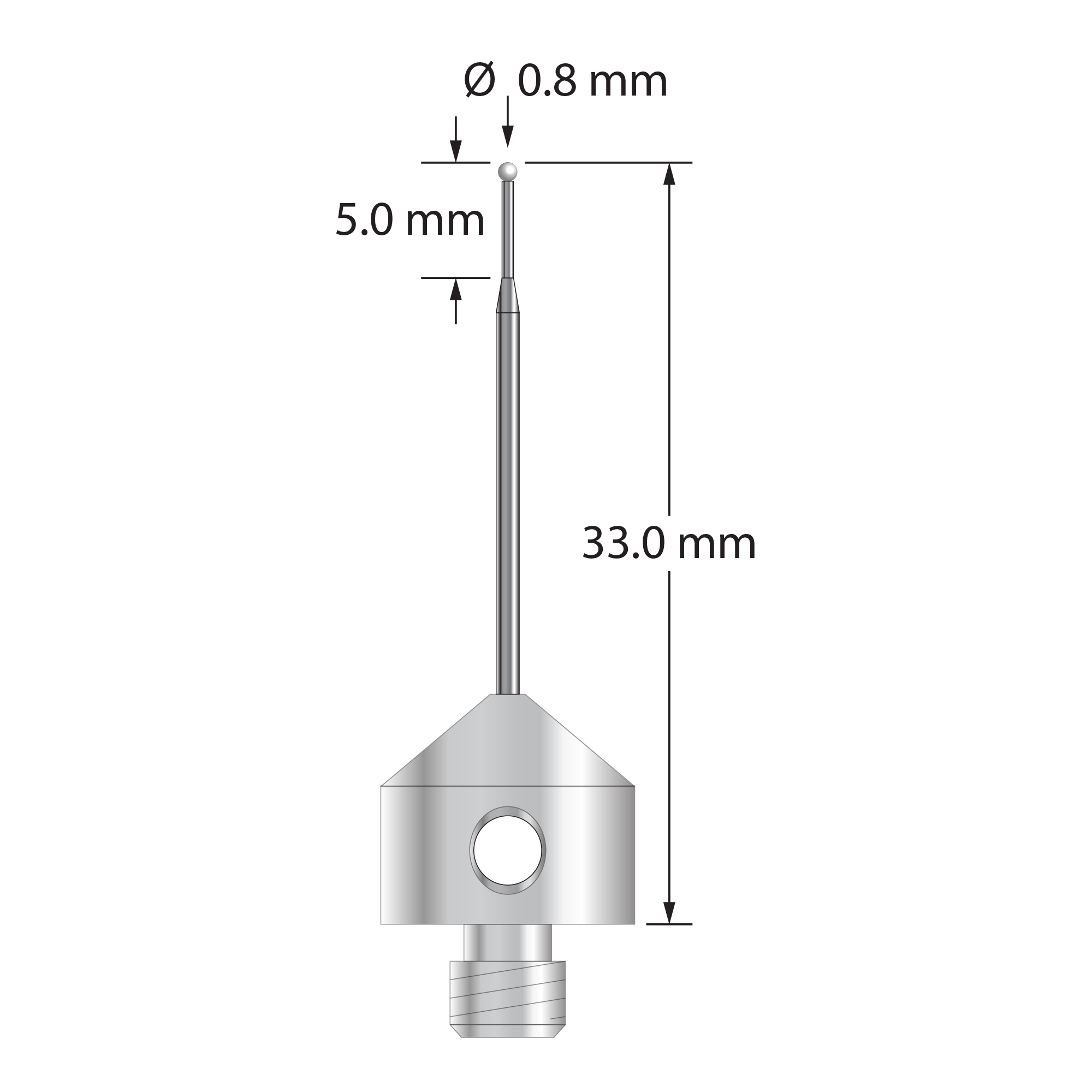 AFG-0833-L5-Z M5 stylus with 0.8mm zirconia ball, tapered carbide stem, and stainless steel base, 33mm long by Q-Mark Manufacturing, Inc.