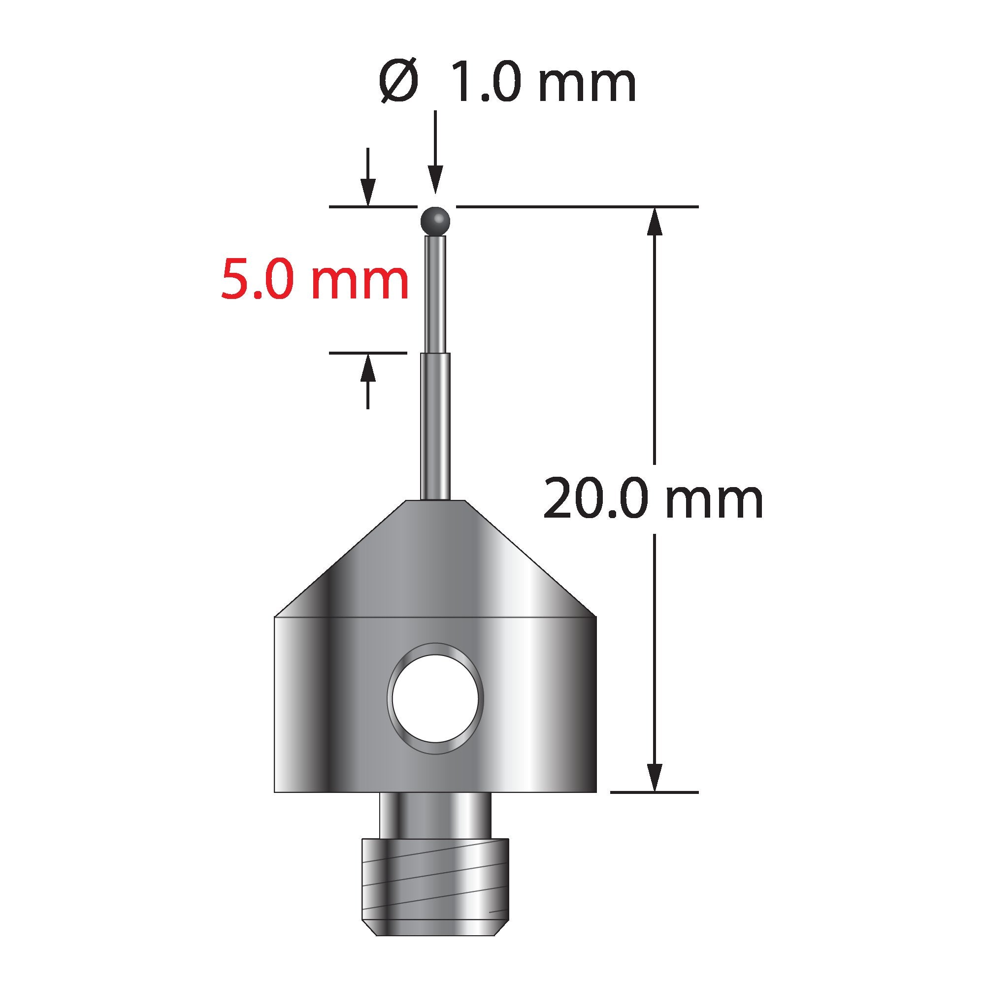 AFG-1020-L-SN M5 stylus with 1.0mm silicon nitride ball, stepped carbide stem, and aluminum base by Q-Mark Manufacturing, Inc.