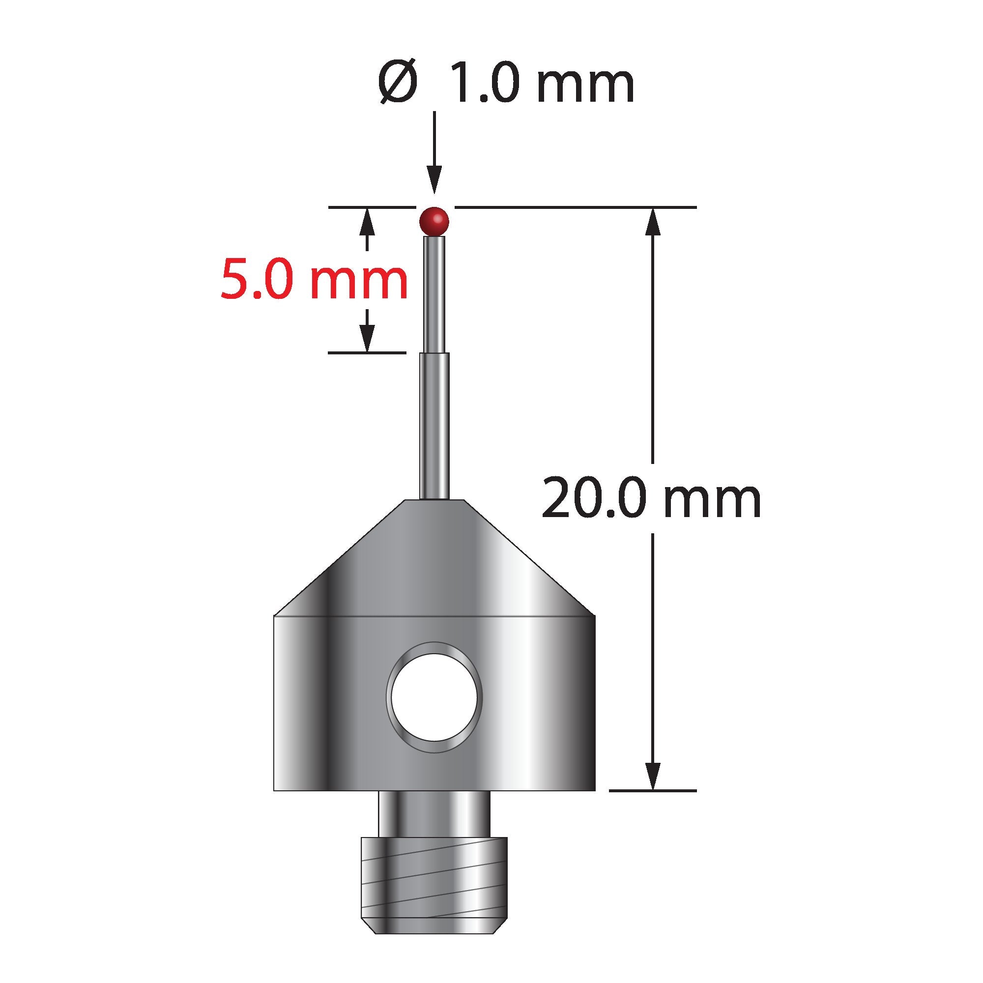 AFG-1020-L M5 stylus with 1.0mm ruby ball, stepped carbide stem, and anodized aluminum base, 20.0mm long.