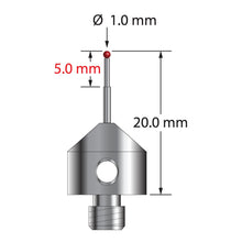 AFG-1020-L M5 stylus with 1.0mm ruby ball, stepped carbide stem, and anodized aluminum base, 20.0mm long.