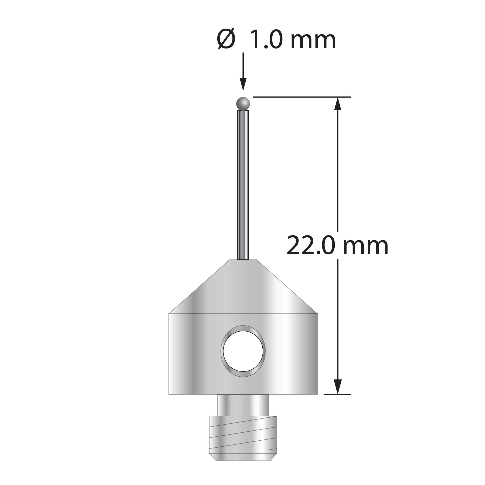 AFG-1022-DS.8-D M5 stylus with 1.0mm solid diamond sphere, carbide stem, and stainless steel base.