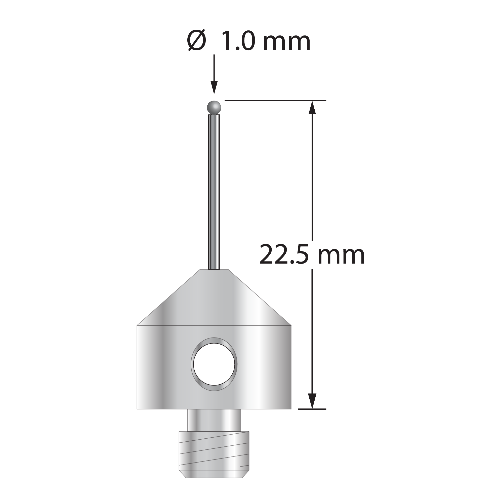 AFG-1022.5-DS.8-D M5 stylus with 1.0mm solid diamond sphere, carbide stem, and stainless steel base.