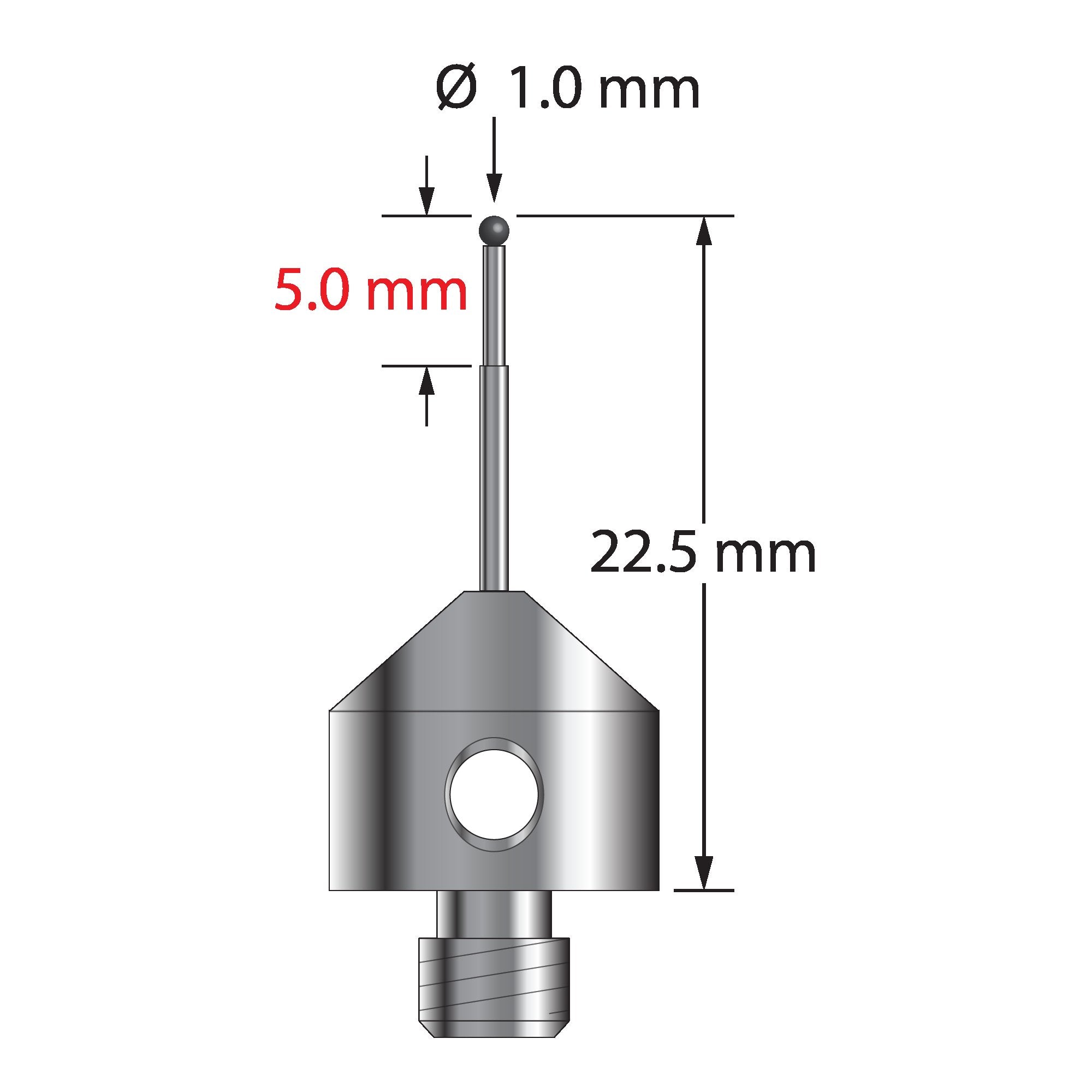 AFG-1022.5-SN M5 stylus with 1.0mm silicon nitride ball, stepped carbide stem, and stainless steel base.