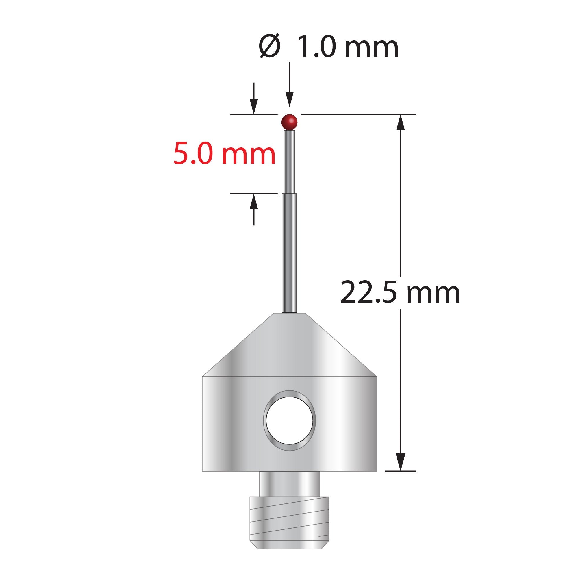 AFG-1022.5 M5 stylus with 1.0mm ruby ball, stepped carbide stem, and stainless steel base, 22.5mm long by Q-Mark Manufacturing, Inc.