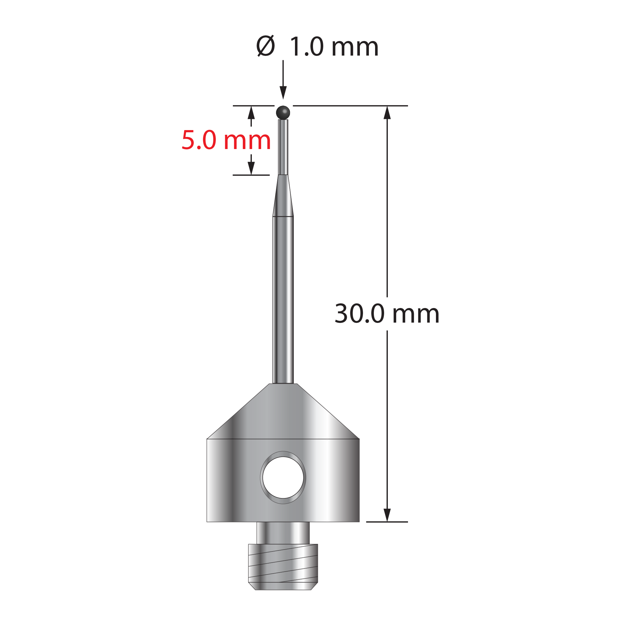 AFG-1030-L-SN M5 stylus with 1.0mm silicon nitride ball, tapered carbide stem, and anodized aluminum base.