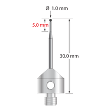 AFG-1030-SN M5 stylus with 1.0mm silicon nitride ball, tapered carbide stem, and stainless steel base.
