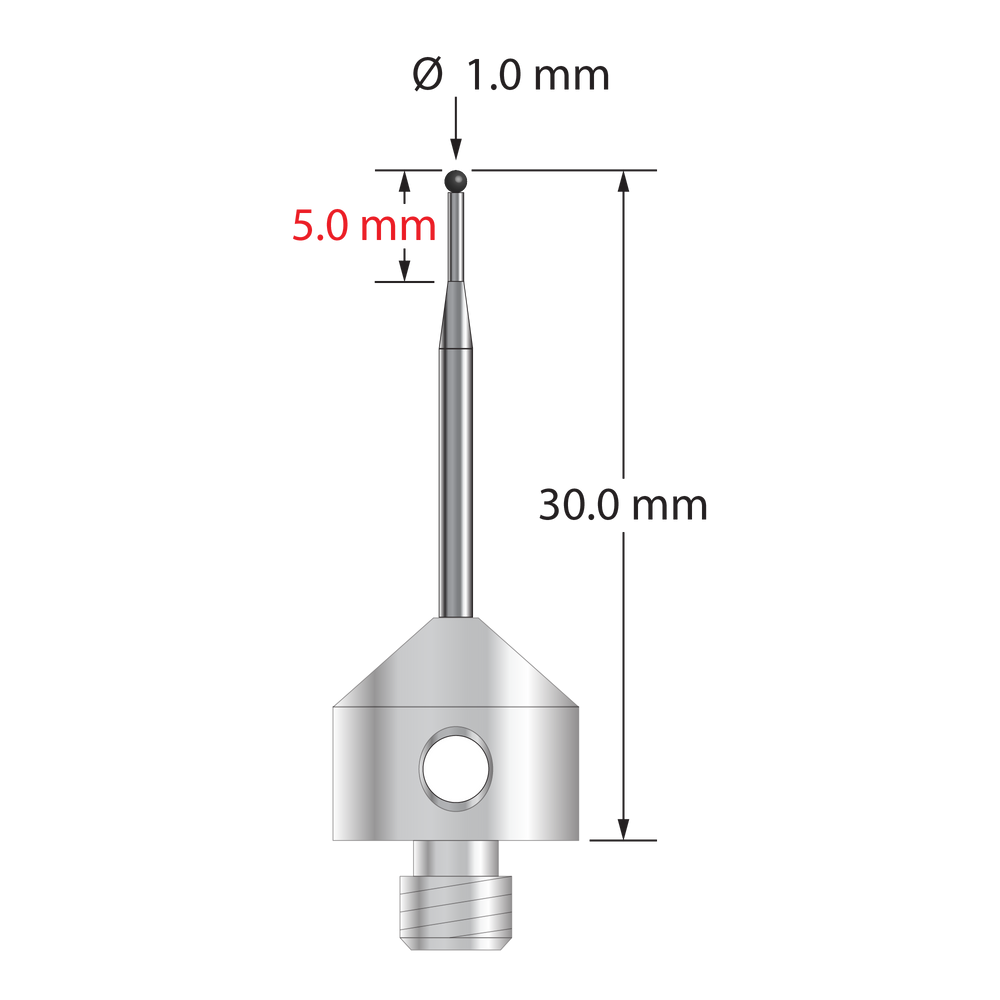 M5 stylus with 1.0 mm diameter silicon nitride ball, tapered carbide stem, and 11.0 mm diameter x 10.0 mm long stainless steel base.  Minor stem diameter is 0.7 mm, major diameter is 1.5 mm.  Overall stylus length is 30.0 mm.  Stylus weight is 5.77 grams.  Compare to Zeiss 626115-0103-030.
